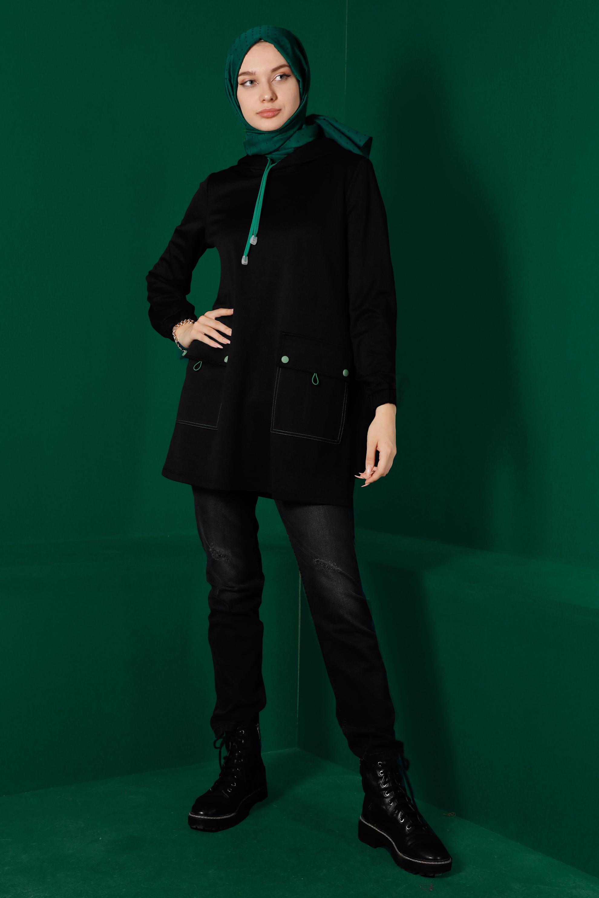 Hijab clothing BLACK HOODED TRACKSUIT TUNIC WITH POCKET 43341 