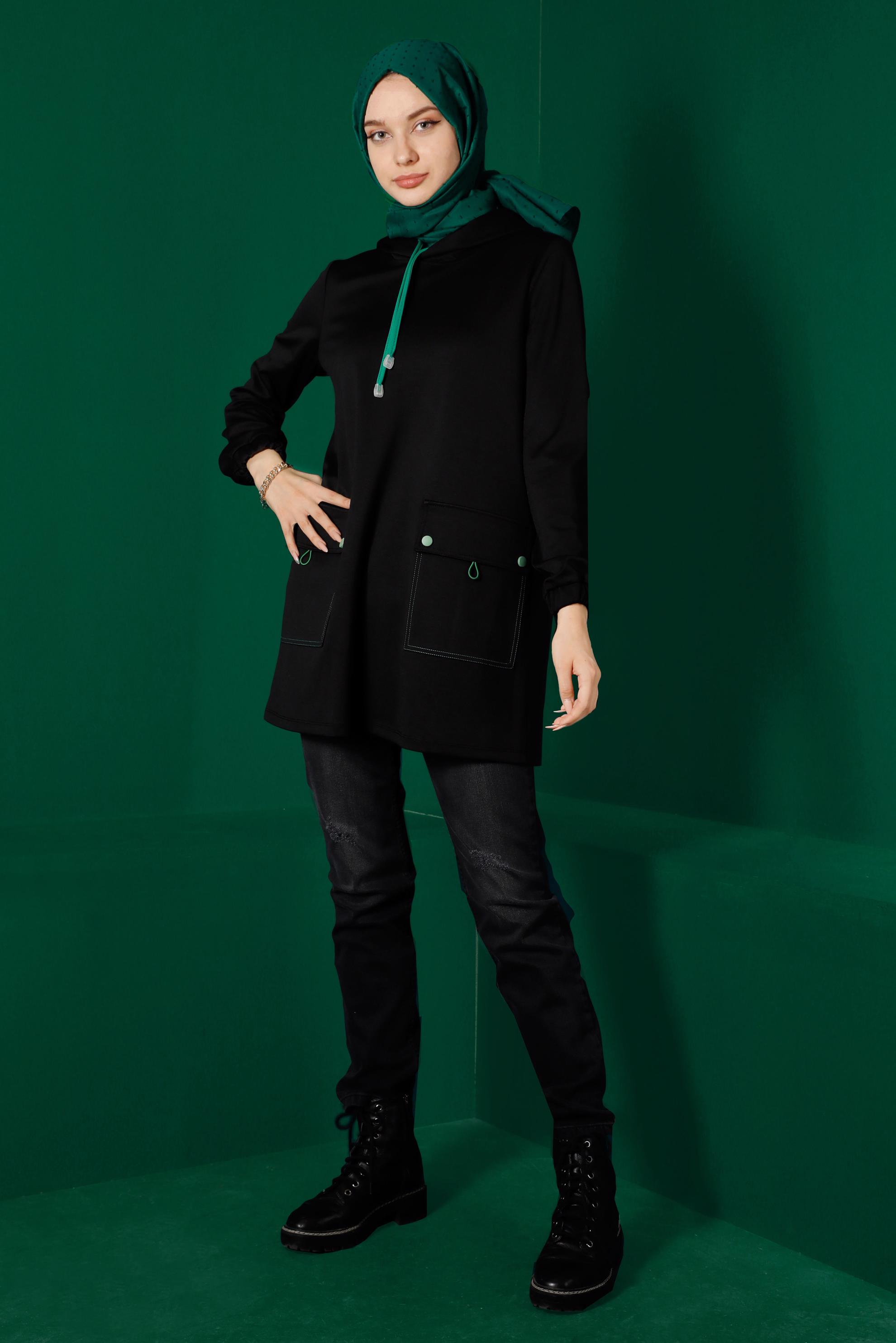 Hijab clothing BLACK HOODED TRACKSUIT TUNIC WITH POCKET 43341 