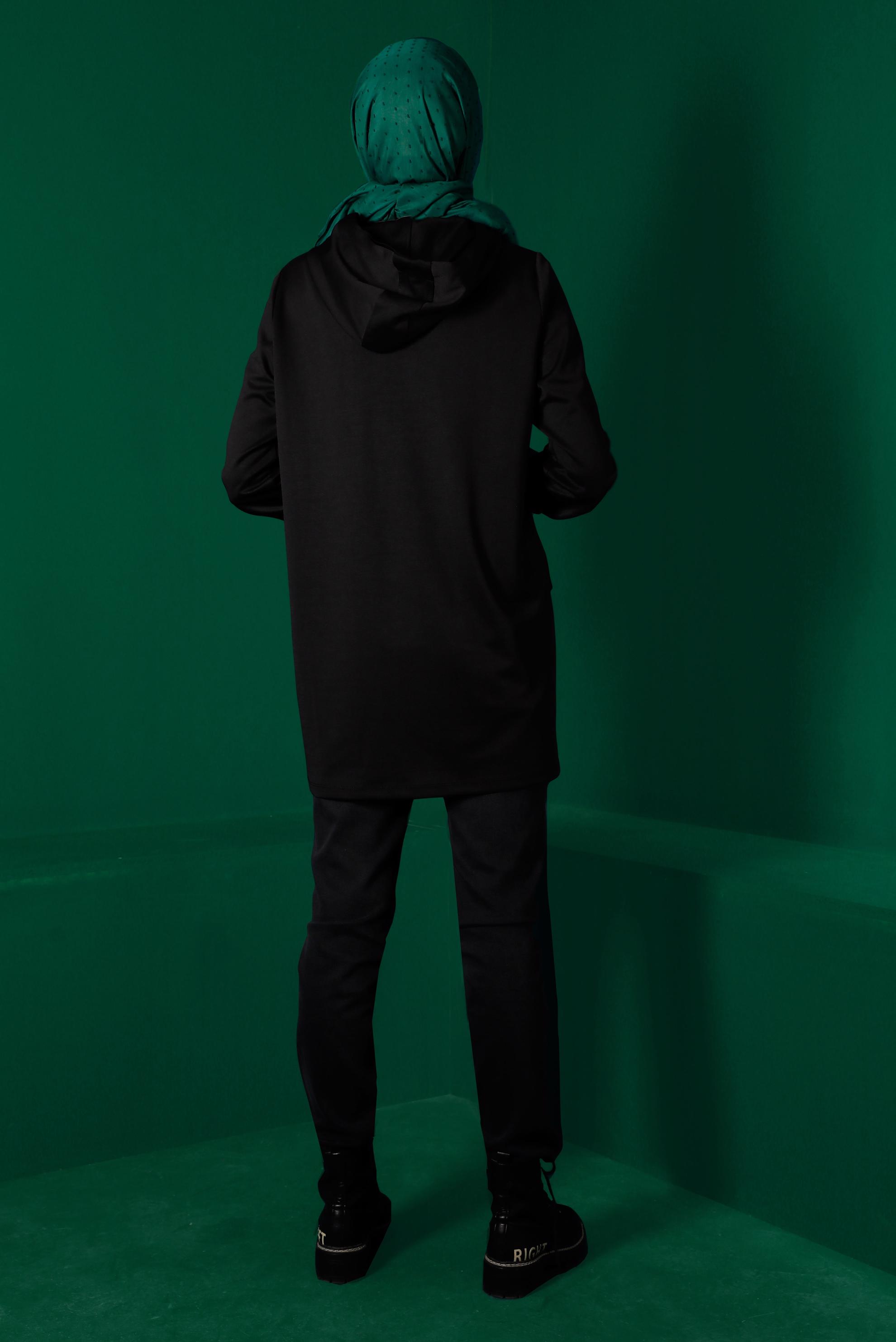 Hijab clothing BLACK HOODED TRACKSUIT TUNIC WITH POCKET 43341 