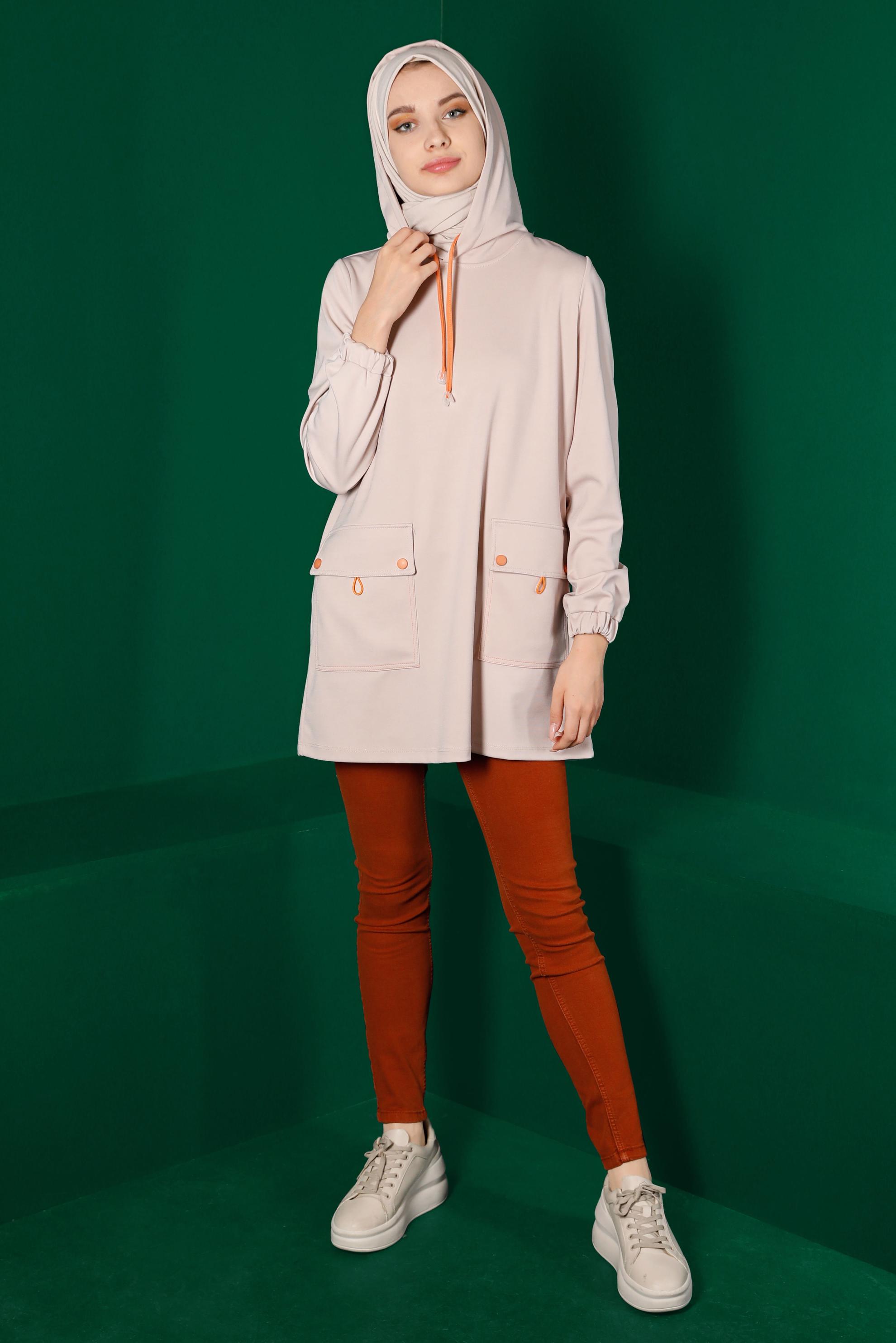 Tesettür giyim BEJ KAPÜŞONLU CEPLİ EŞOFMAN TUNİK 43341	