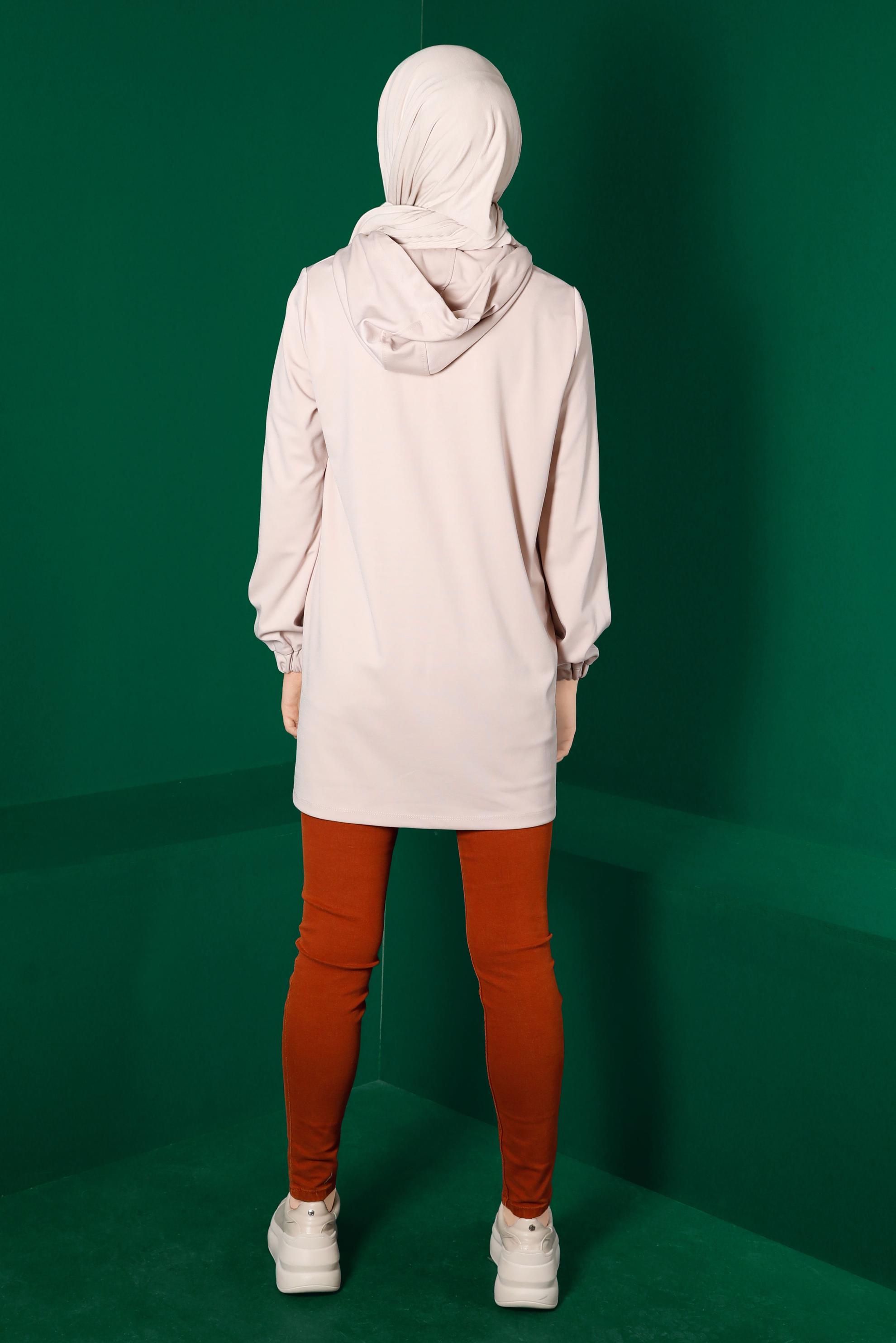 Tesettür giyim BEJ KAPÜŞONLU CEPLİ EŞOFMAN TUNİK 43341	