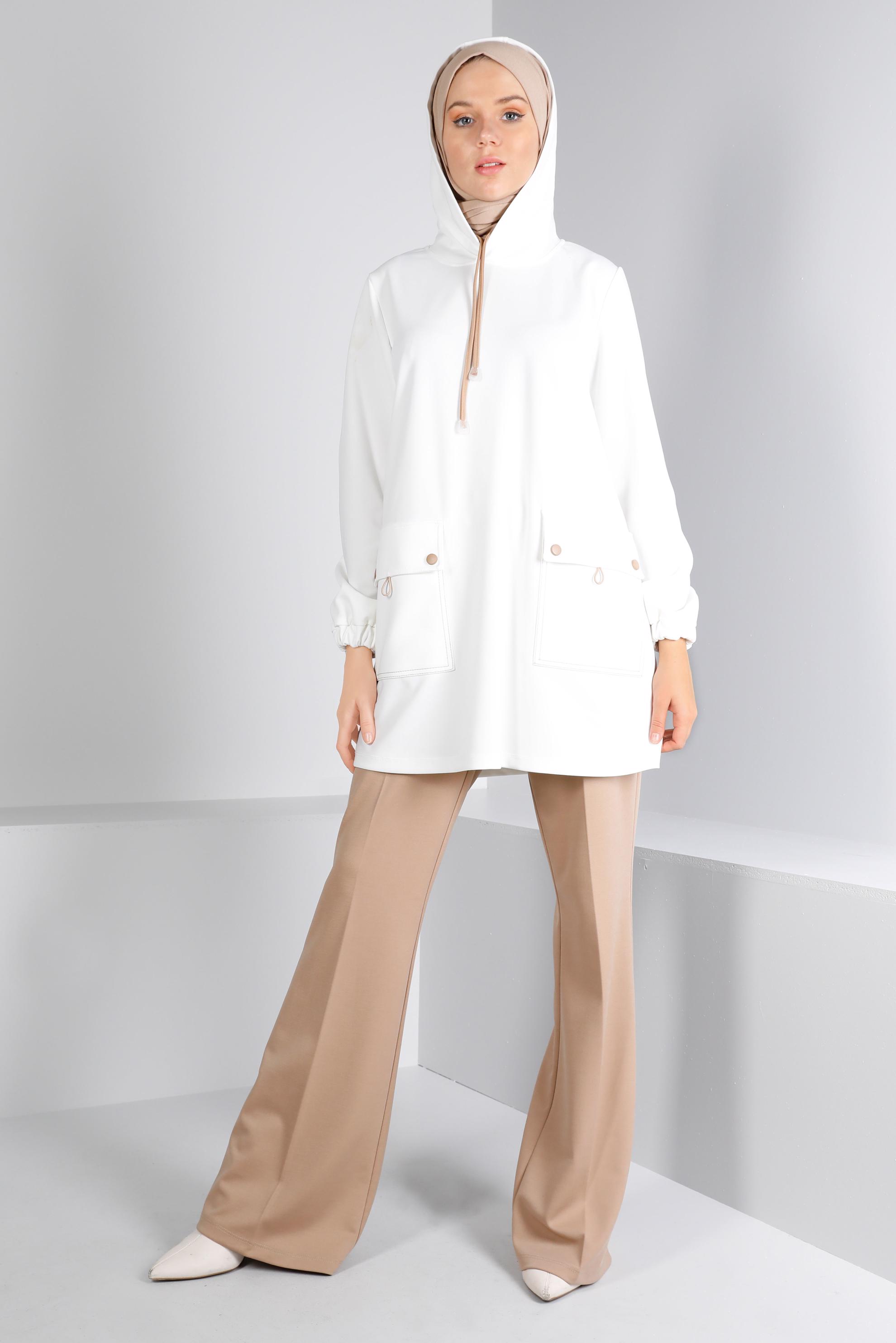 Tesettür giyim BEJ KAPÜŞONLU CEPLİ EŞOFMAN TUNİK 43341	