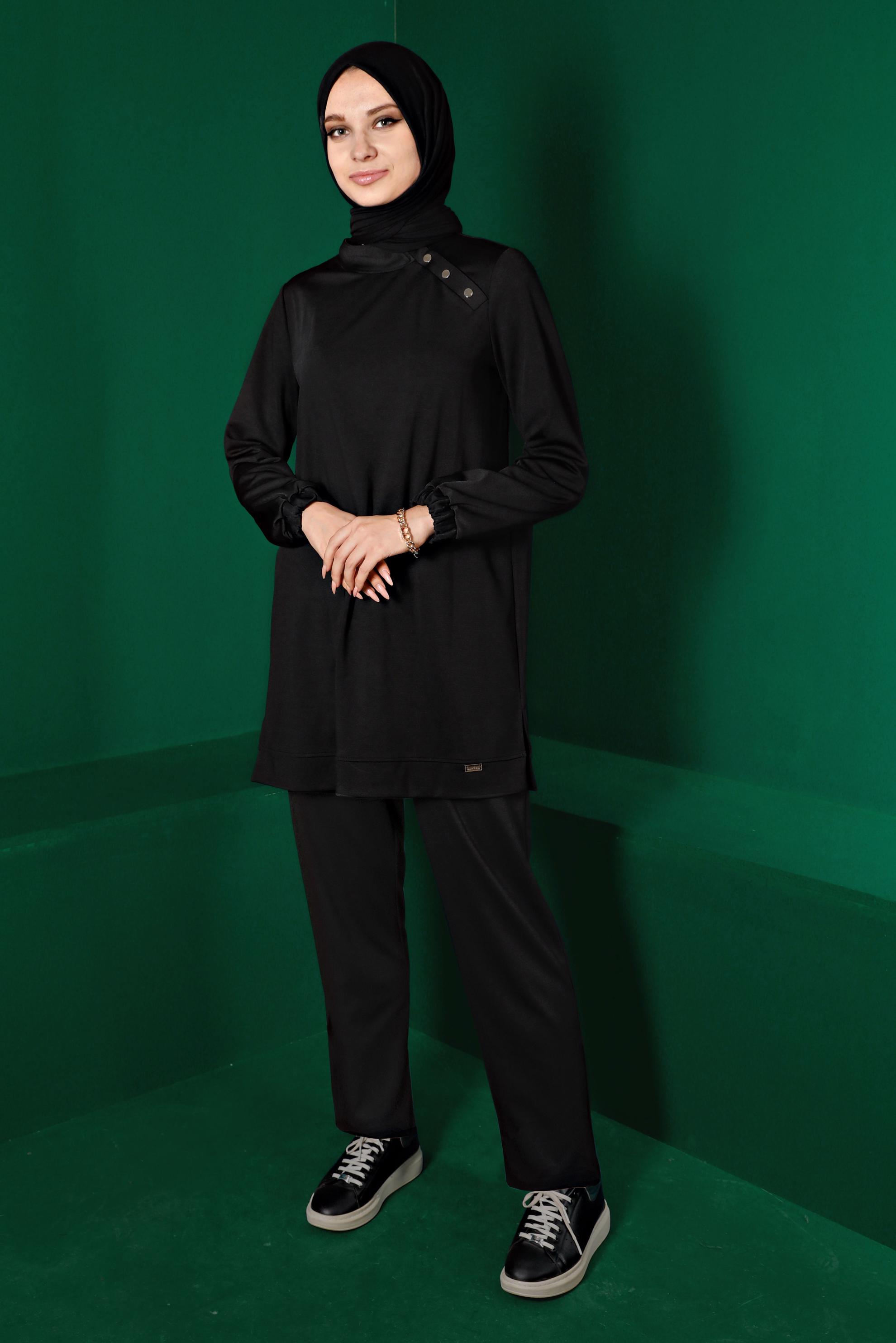 Tesettür giyim SİYAH YAKASI ÇITÇITLI İKİLİ PANT. EŞOFMAN TAKIM 43342