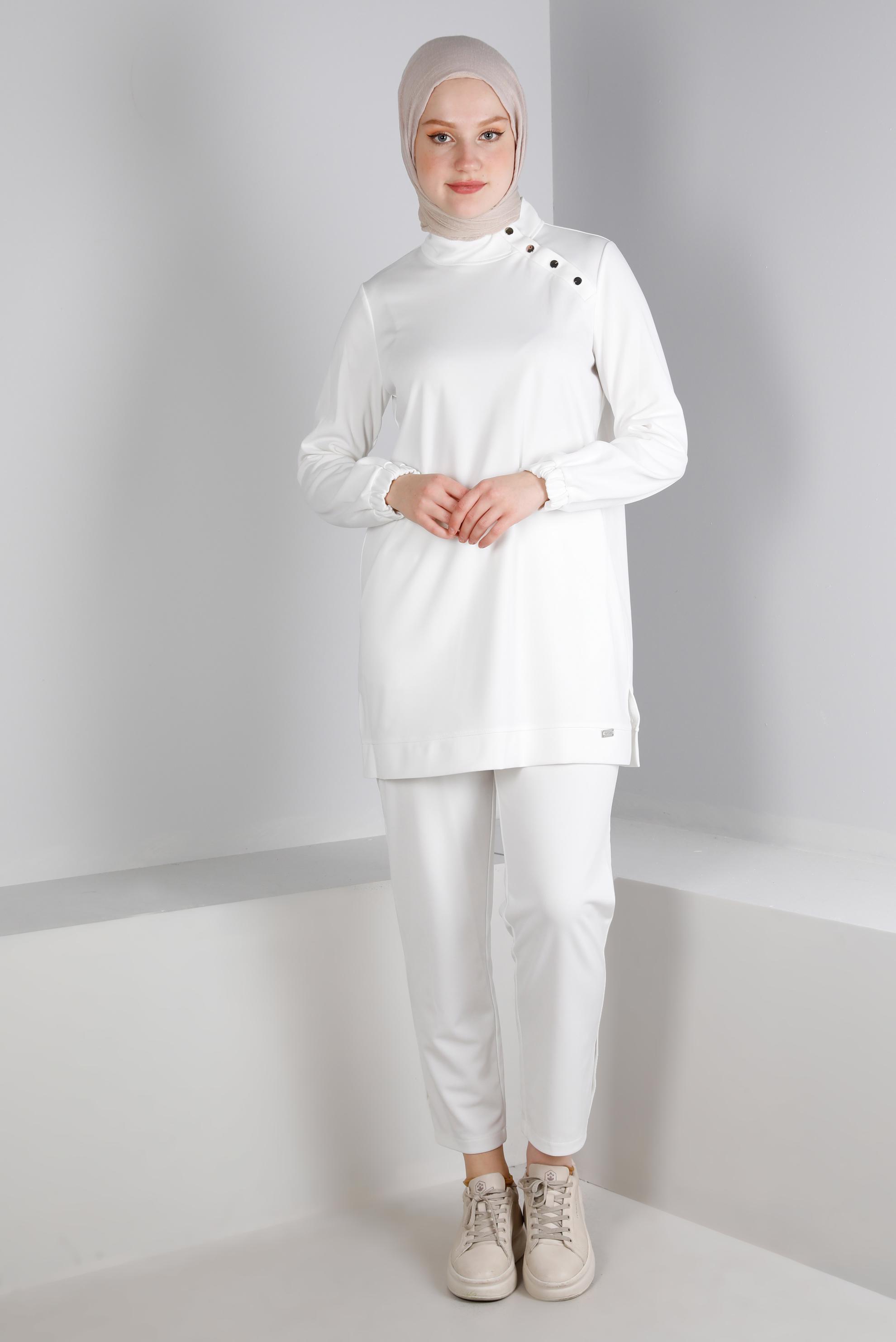 Hijab clothing WHITE SNAPPED COLLAR 2-PIECE TRACKSUIT SET 43342