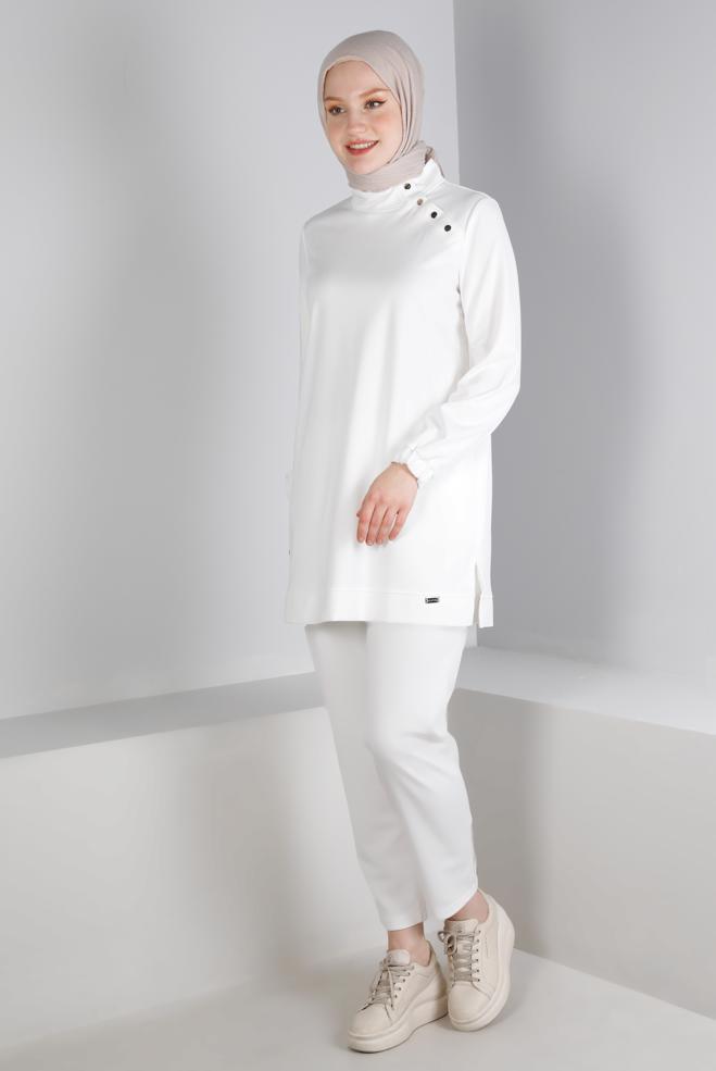 Hijab clothing WHITE SNAPPED COLLAR 2-PIECE TRACKSUIT SET 43342 - ALVİNA
