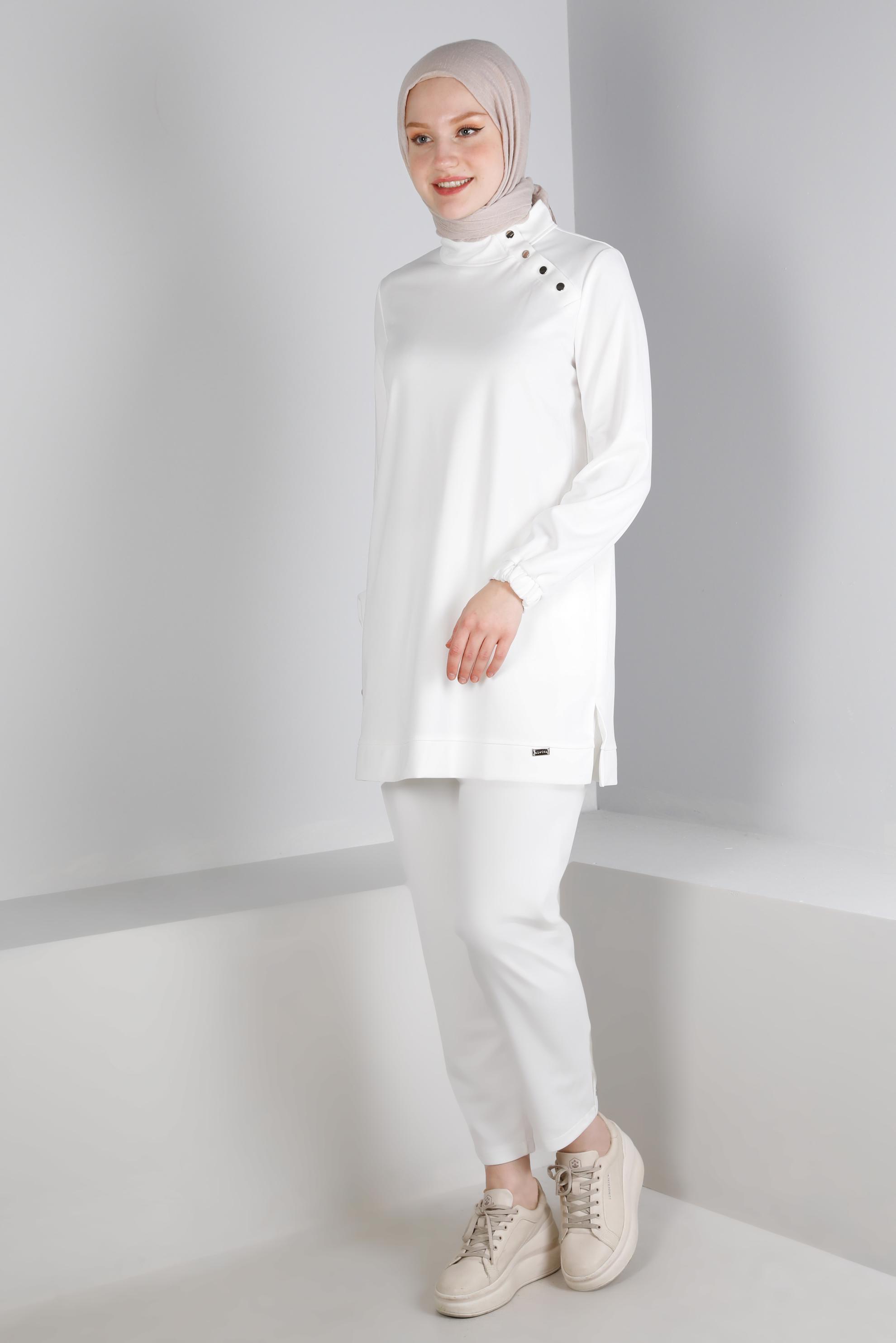 Hijab clothing WHITE SNAPPED COLLAR 2-PIECE TRACKSUIT SET 43342