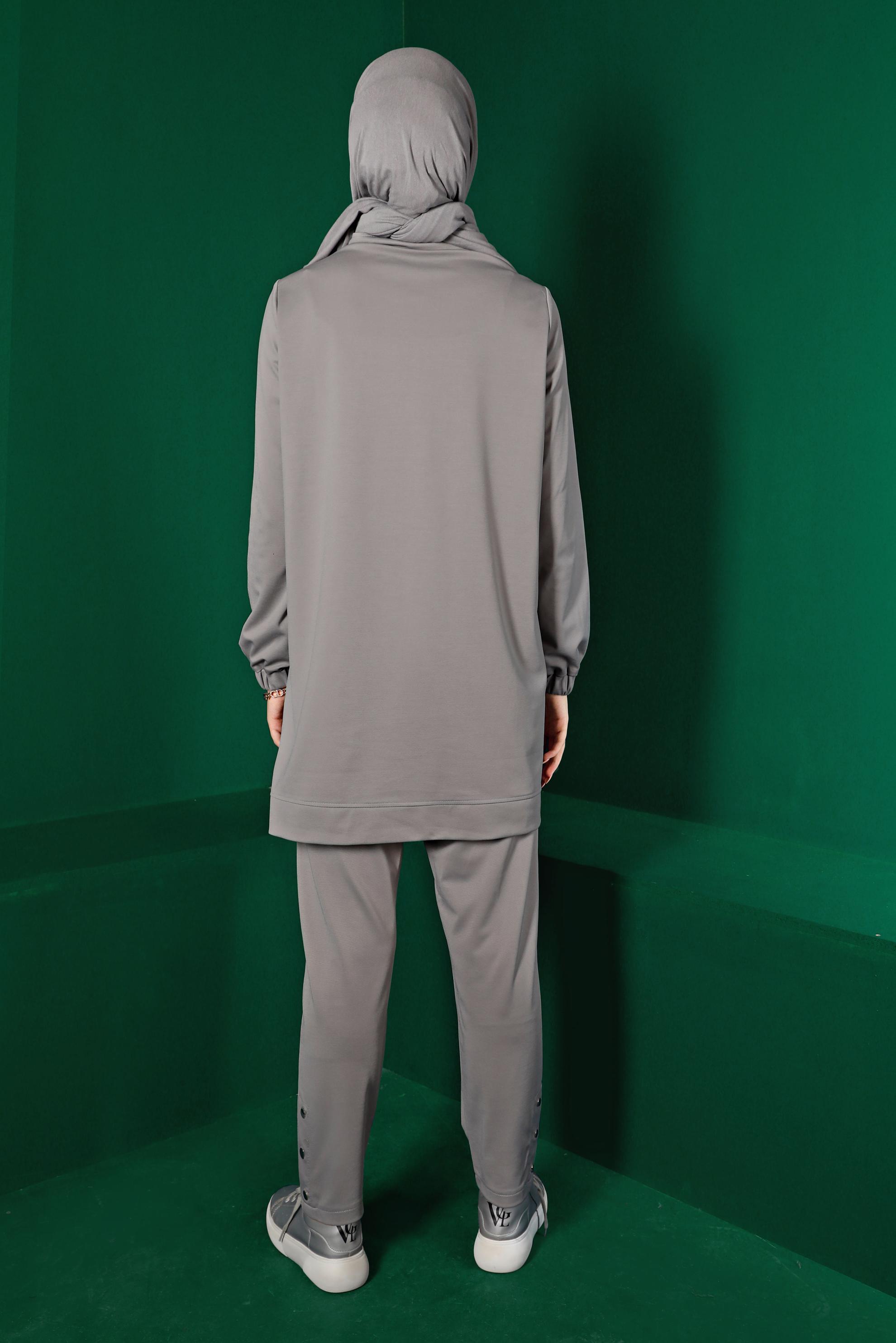 Tesettür giyim GRİ YAKASI ÇITÇITLI İKİLİ PANT. EŞOFMAN TAKIM 43342