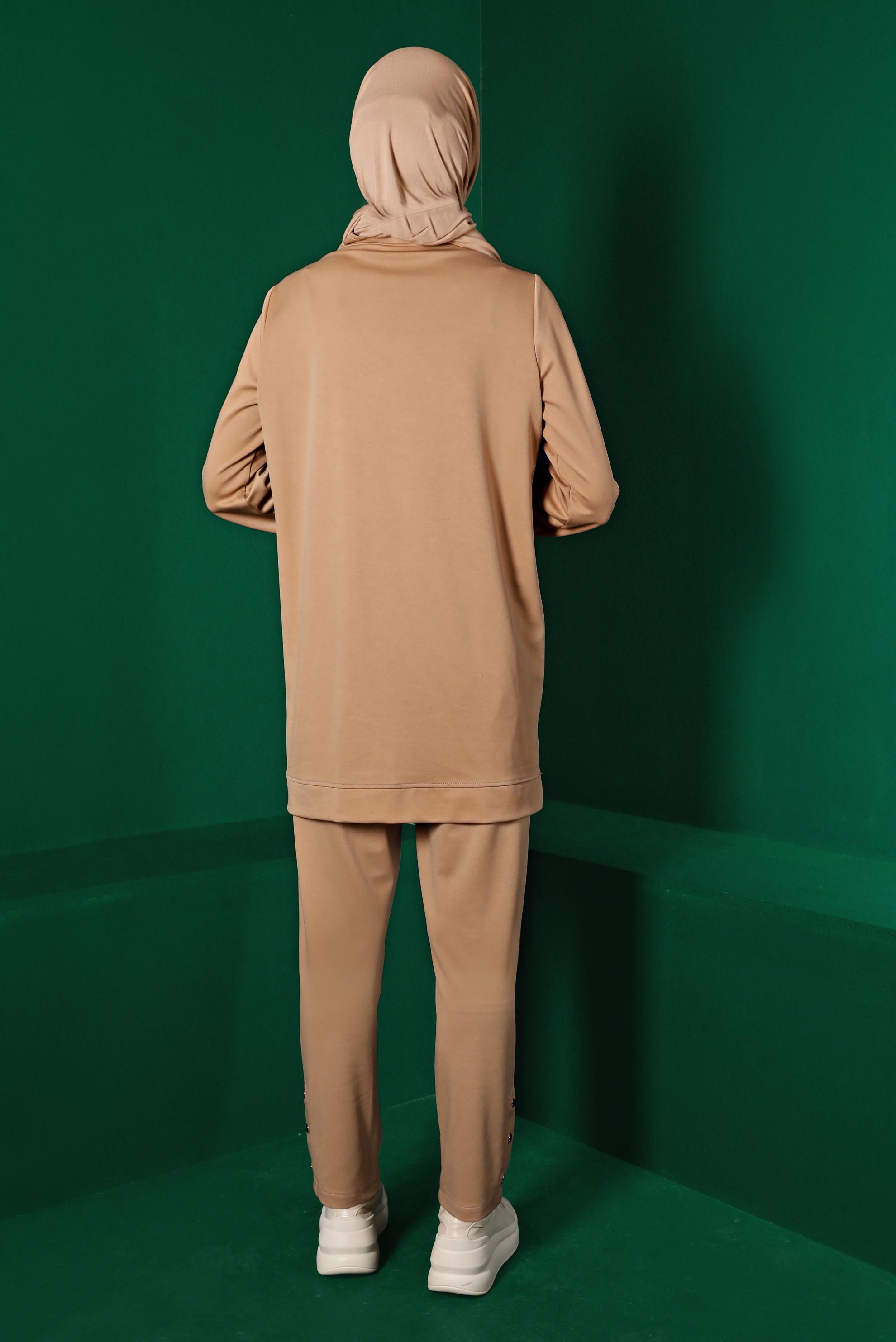 Tesettür giyim KAHVE YAKASI ÇITÇITLI İKİLİ PANT. EŞOFMAN TAKIM 43342