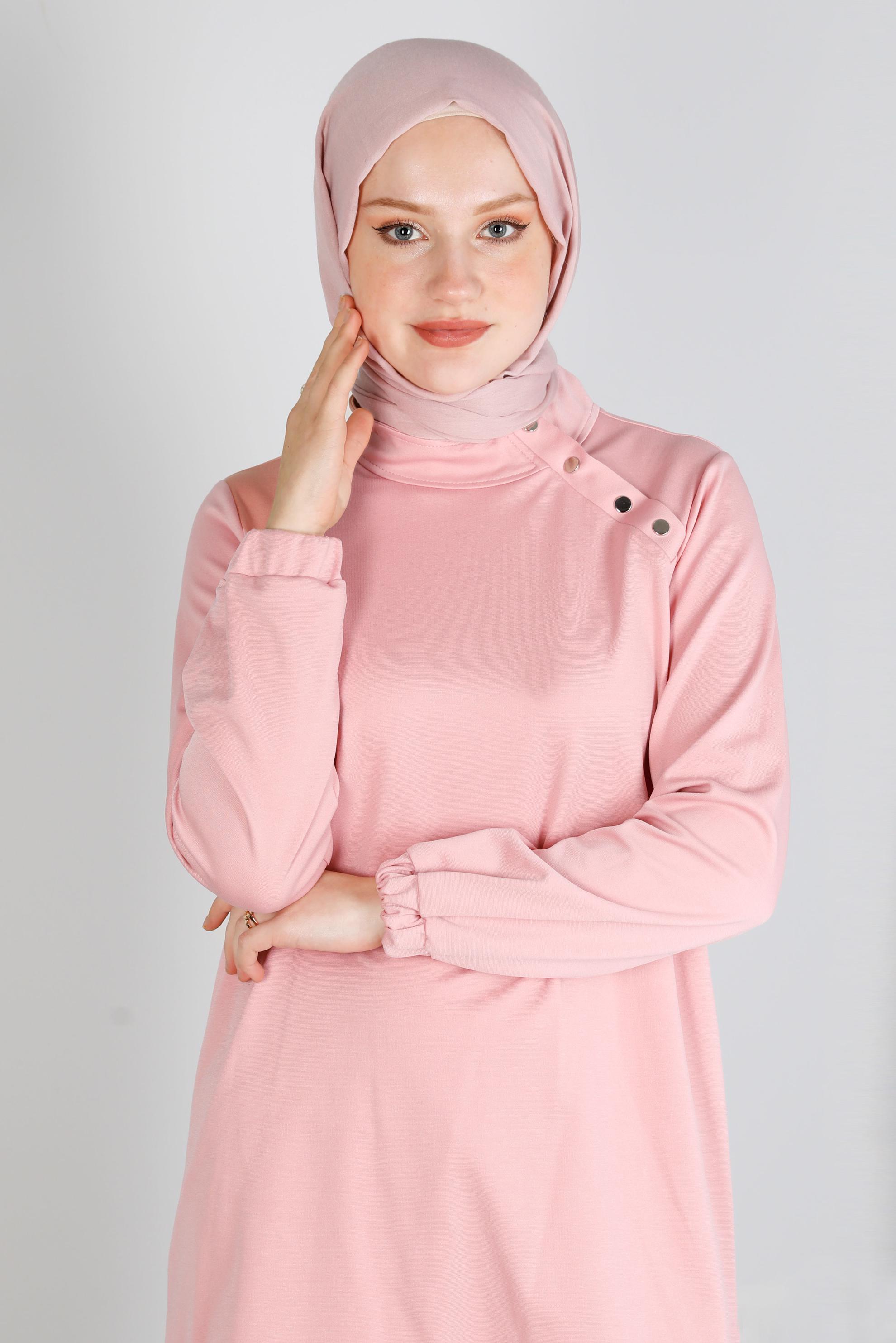 Tesettür giyim PUDRA YAKASI ÇITÇITLI İKİLİ PANT. EŞOFMAN TAKIM 43342