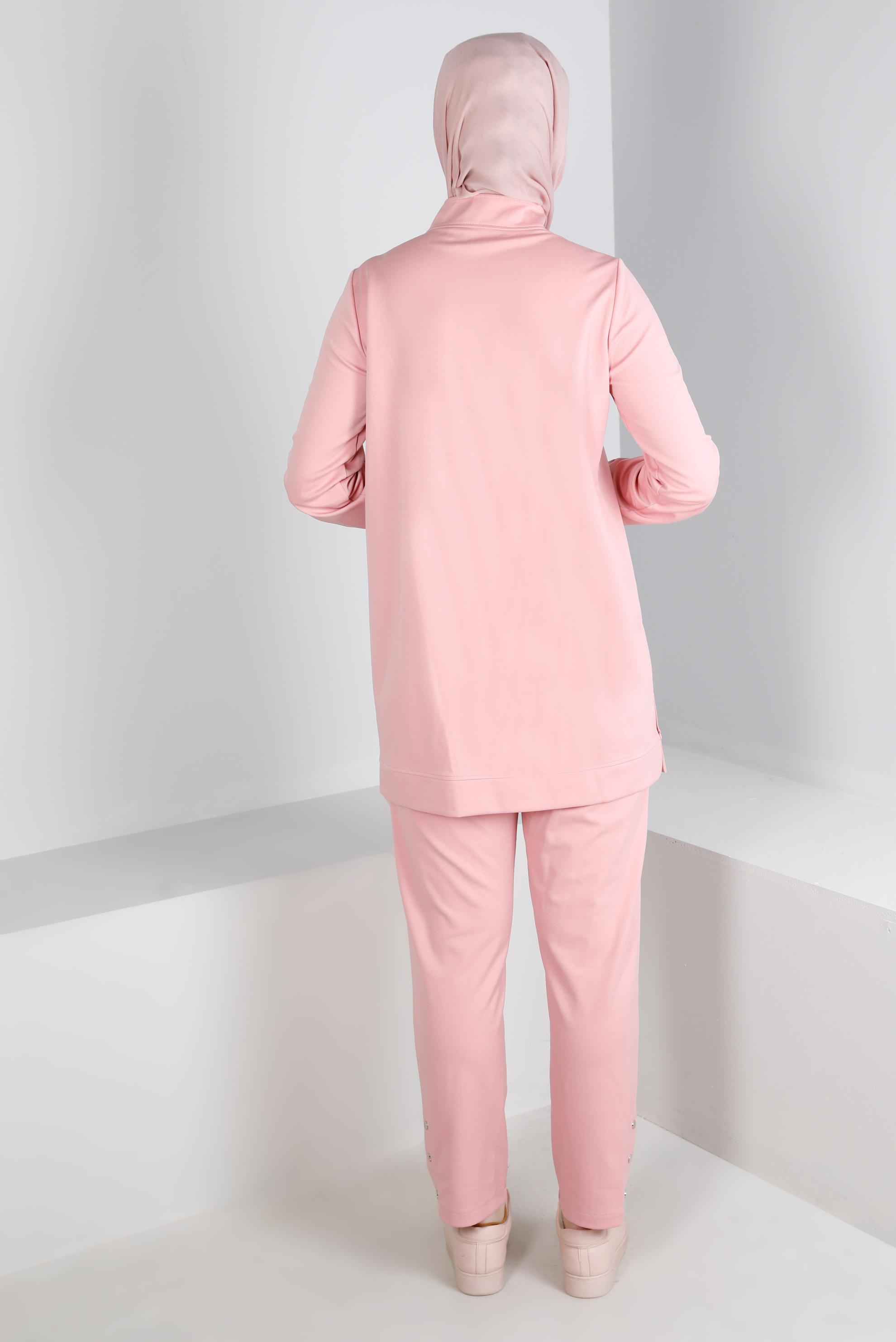 Tesettür giyim PUDRA YAKASI ÇITÇITLI İKİLİ PANT. EŞOFMAN TAKIM 43342