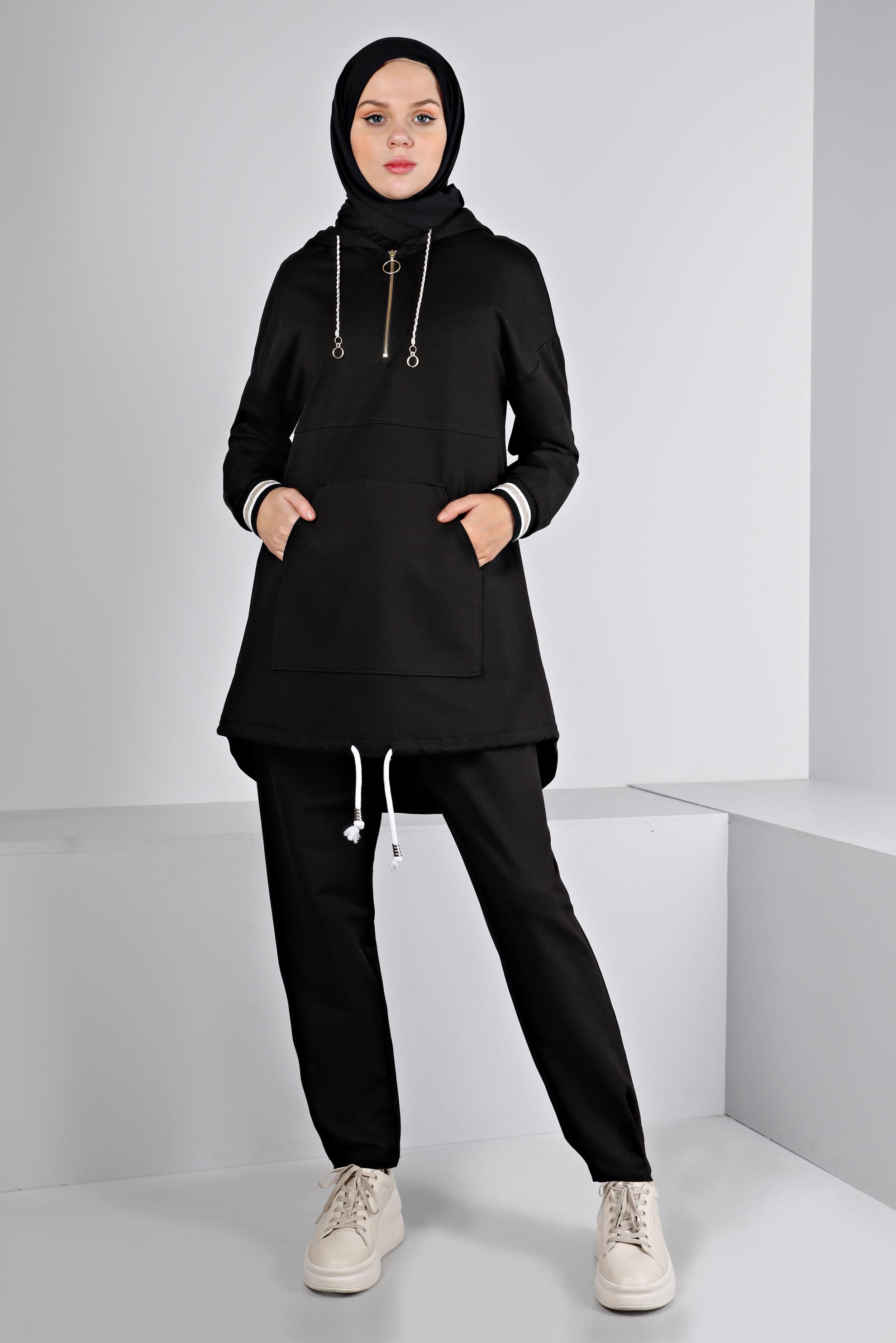 Vêtements hijab NOIR ENSEMBLE SURVÊTEMENT CÔTELÉ À CAPUCHE 43343