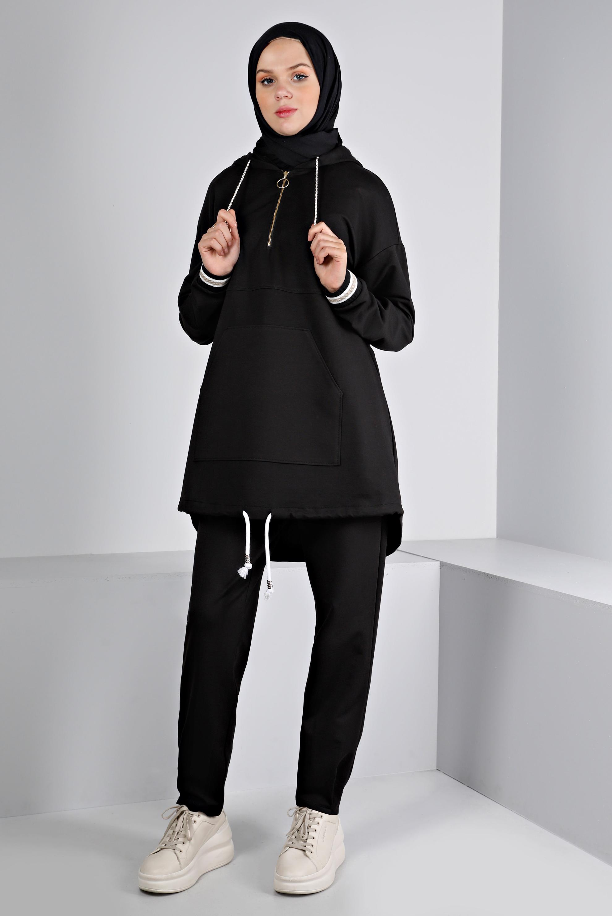 Vêtements hijab NOIR ENSEMBLE SURVÊTEMENT CÔTELÉ À CAPUCHE 43343