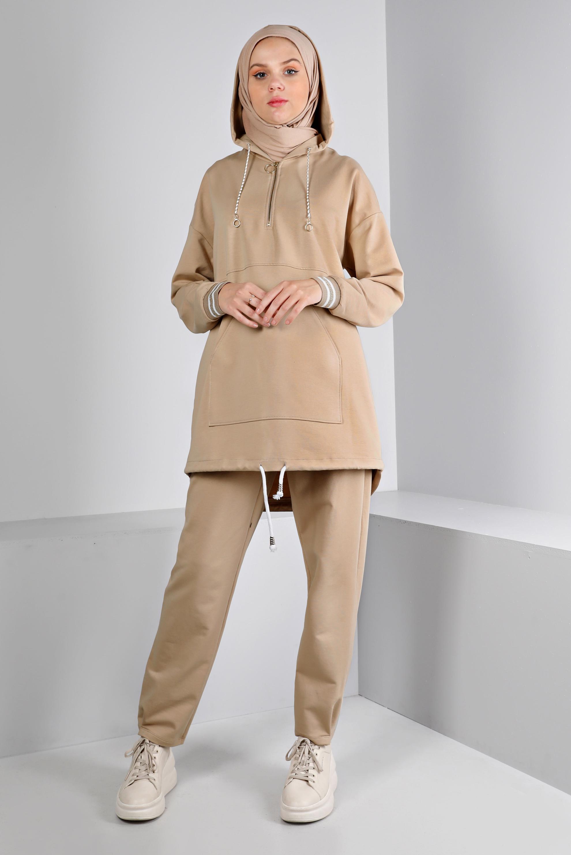 Hijab clothing BEIGE RIBBED HOODED TRACKSUIT SET 43343