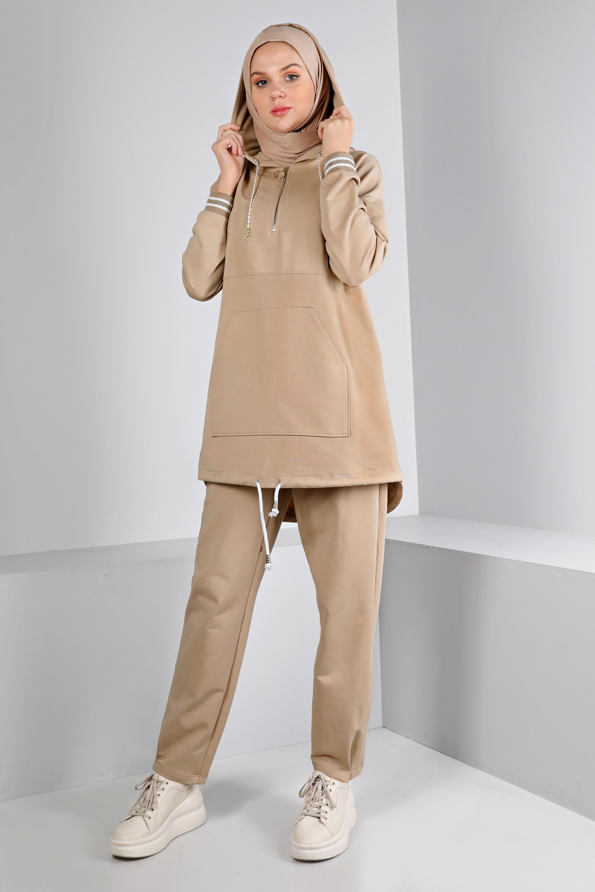 Hijab clothing BEIGE RIBBED HOODED TRACKSUIT SET 43343