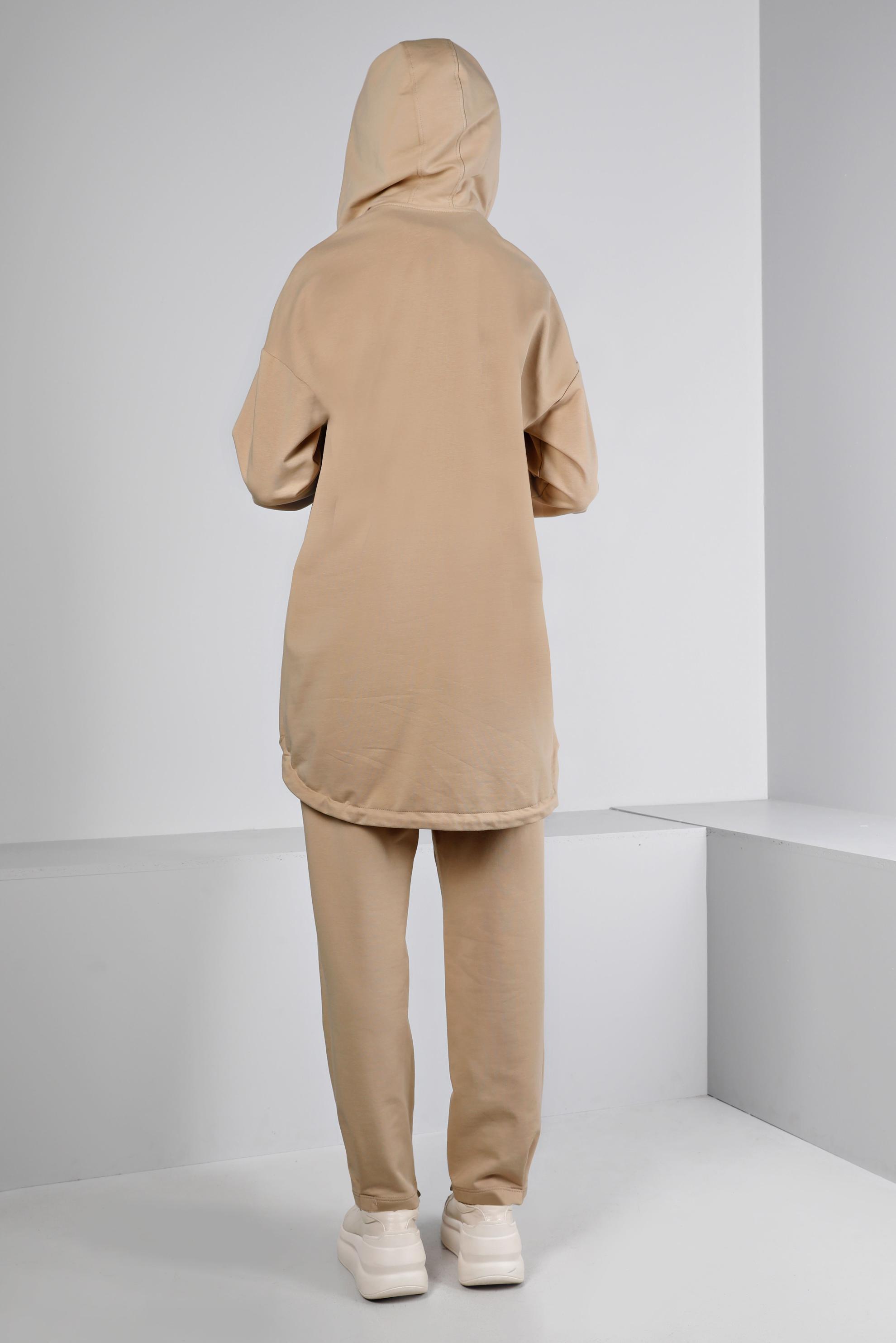 Hijab clothing BEIGE RIBBED HOODED TRACKSUIT SET 43343