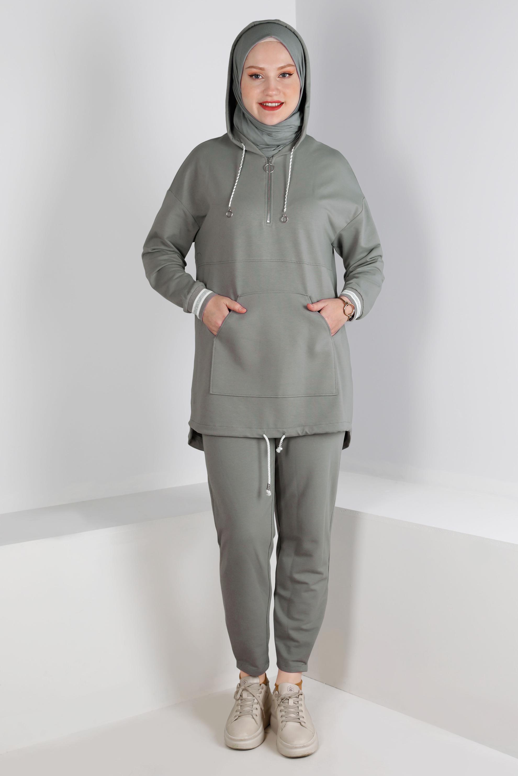 Tesettür giyim GRİ RİBANALI KAPÜŞONLU İKİLİ PANT. EŞOFMAN TAKIM 43343