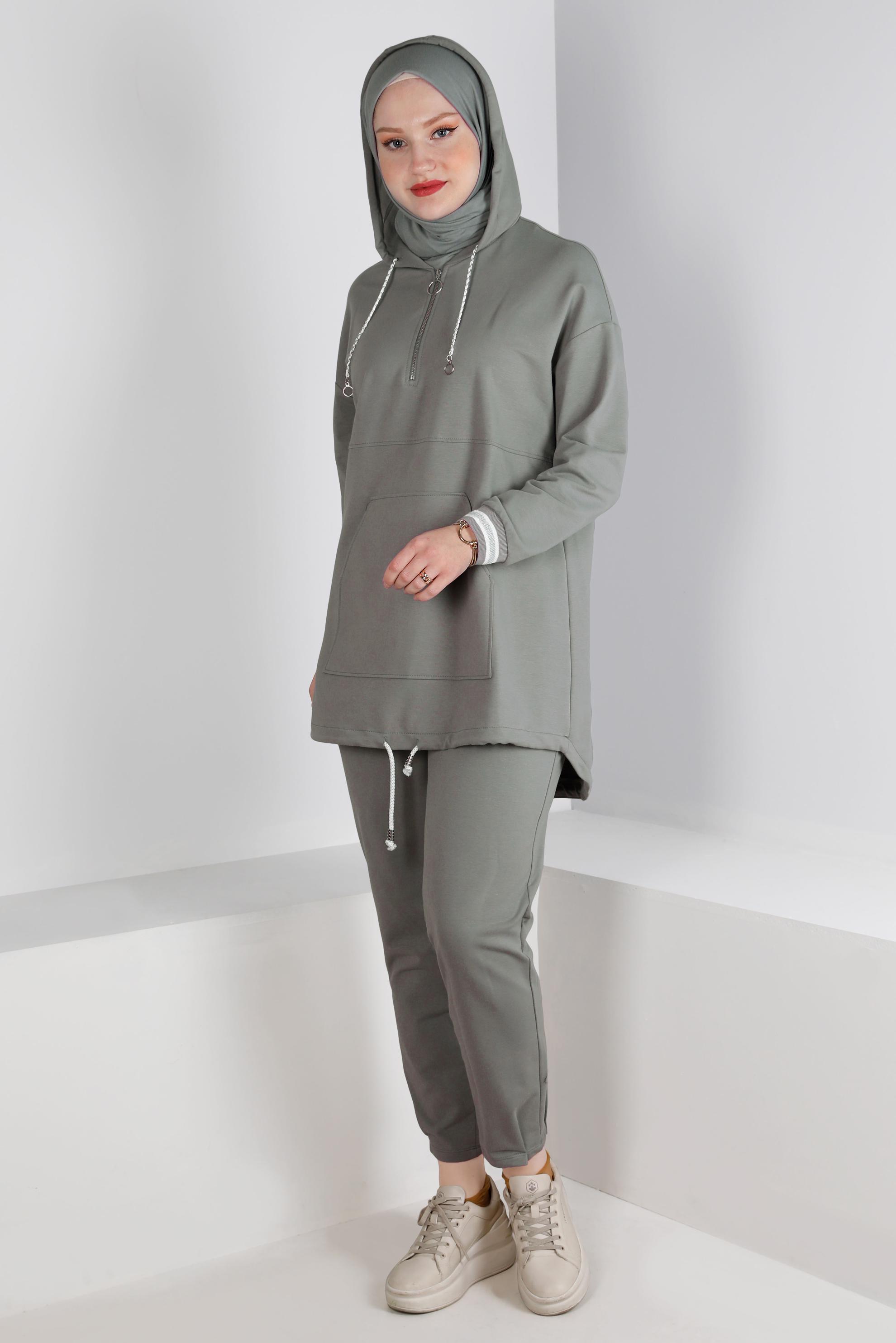Tesettür giyim GRİ RİBANALI KAPÜŞONLU İKİLİ PANT. EŞOFMAN TAKIM 43343