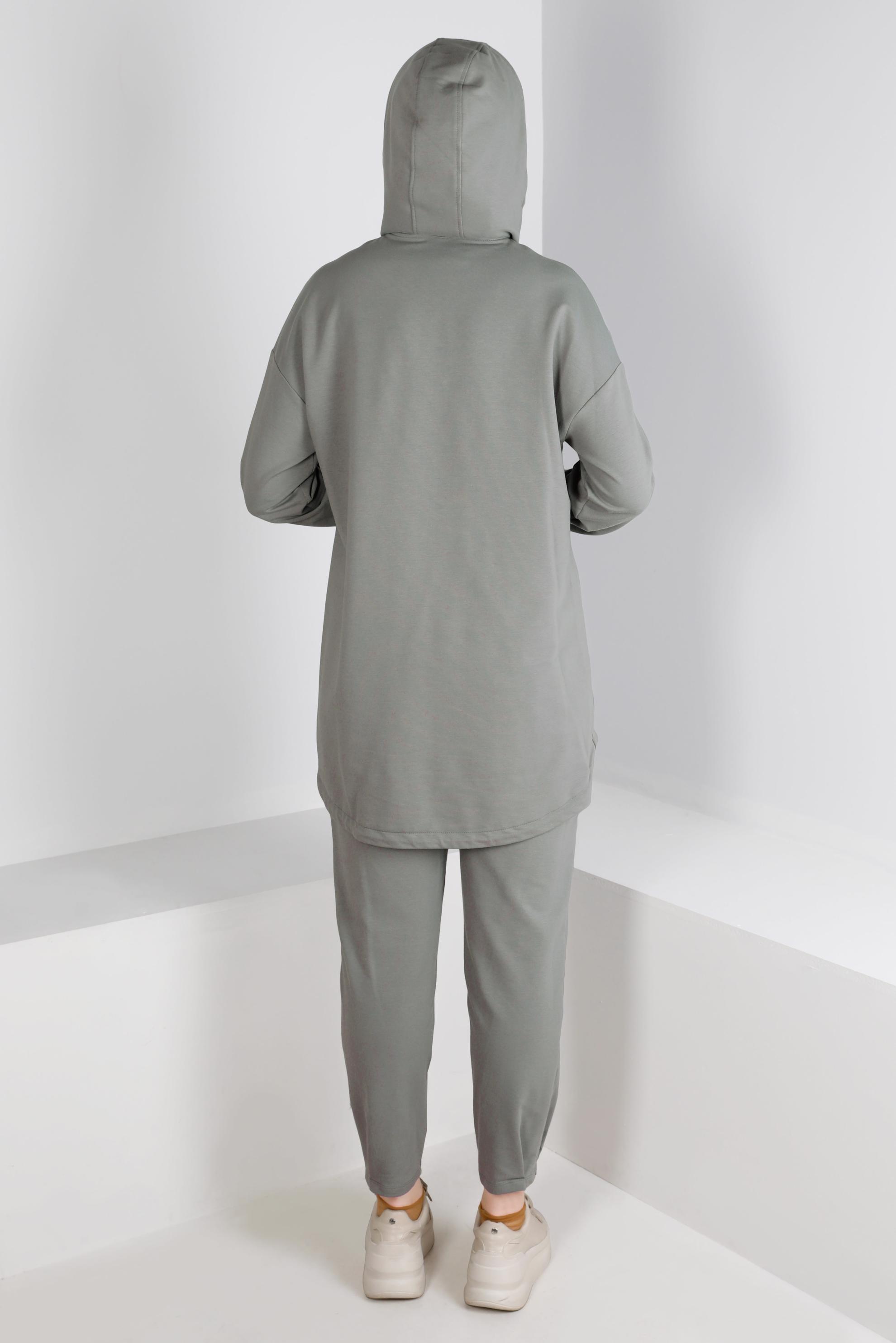 Tesettür giyim GRİ RİBANALI KAPÜŞONLU İKİLİ PANT. EŞOFMAN TAKIM 43343