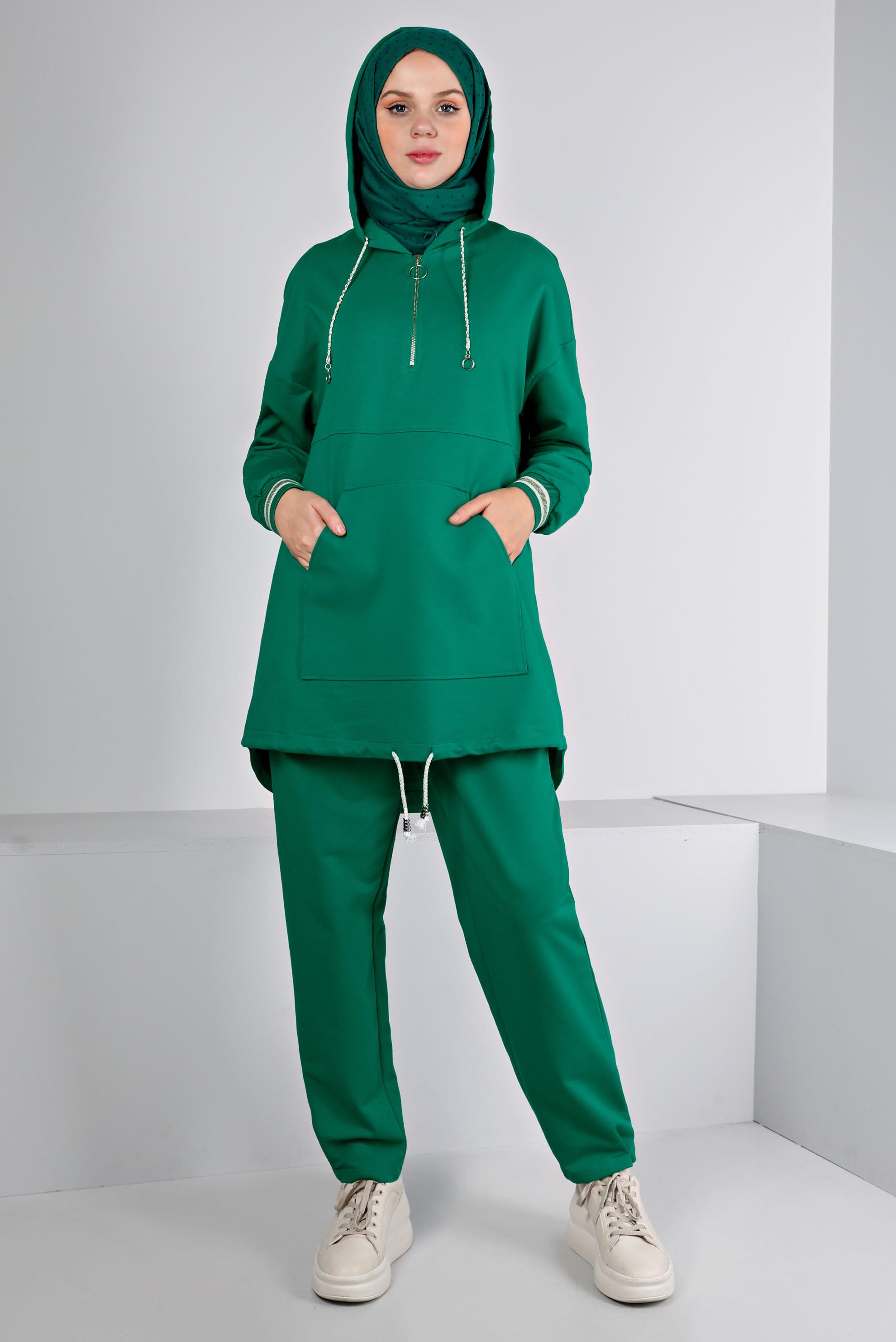 Tesettür giyim YEŞİL RİBANALI KAPÜŞONLU İKİLİ PANT. EŞOFMAN TAKIM 43343