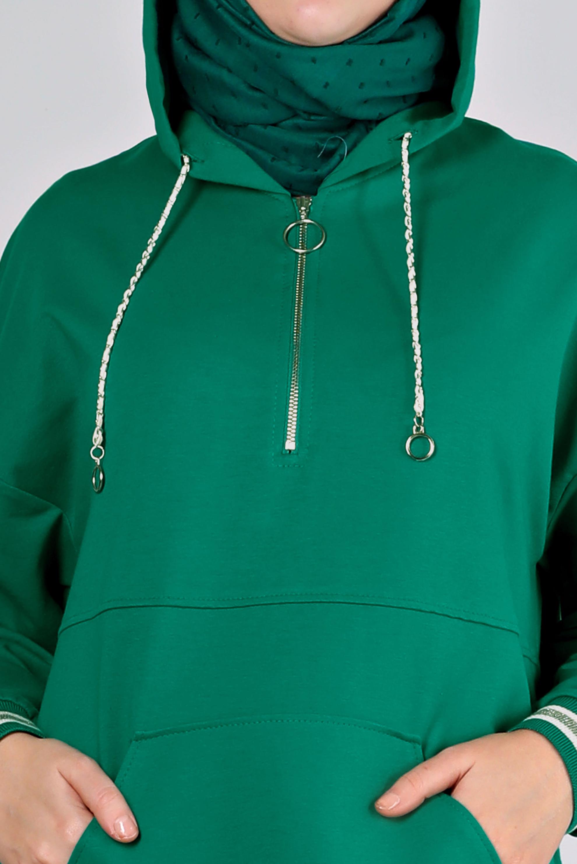 Tesettür giyim YEŞİL RİBANALI KAPÜŞONLU İKİLİ PANT. EŞOFMAN TAKIM 43343