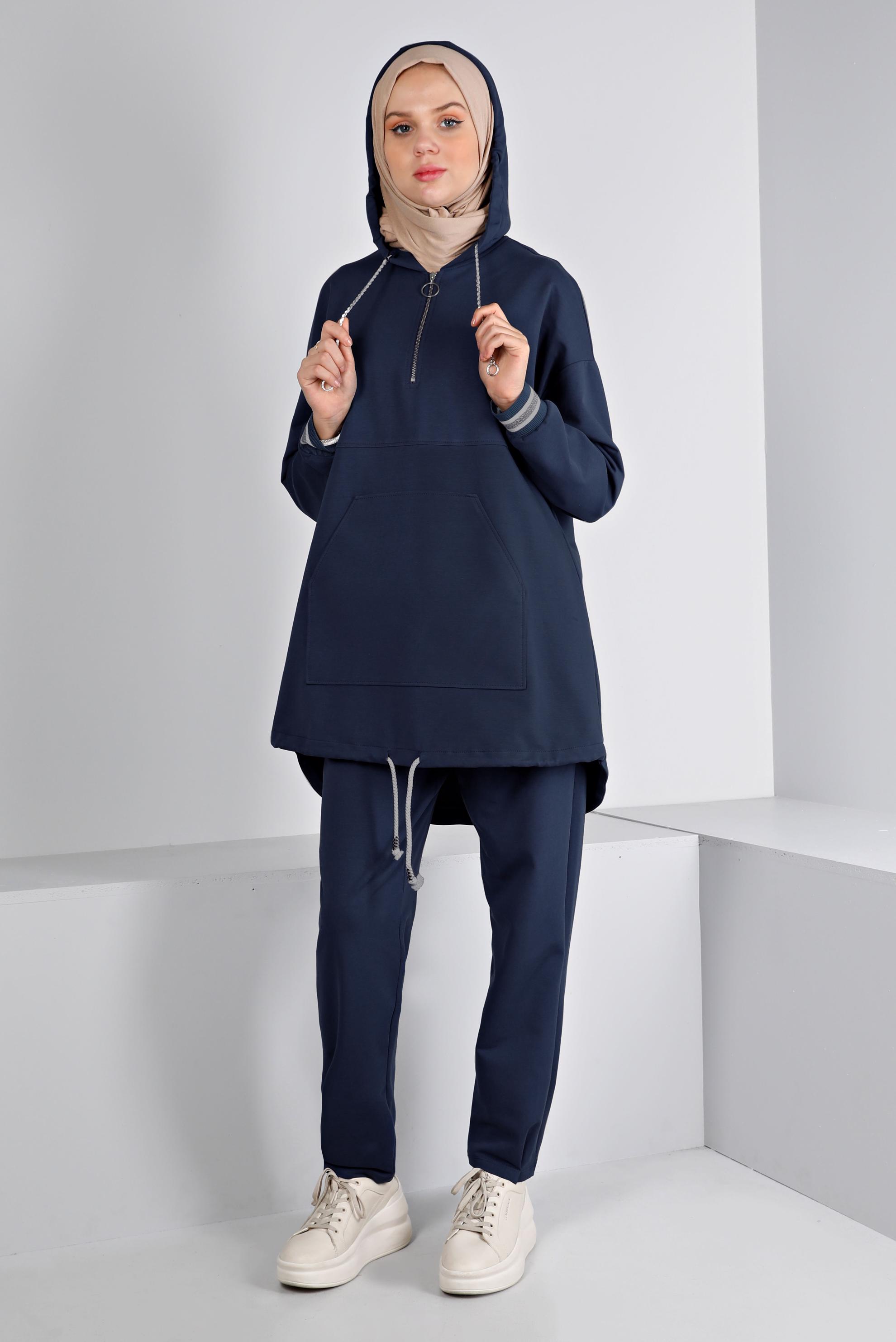 Hijab clothing NAVY BLUE RIBBED HOODED TRACKSUIT SET 43343
