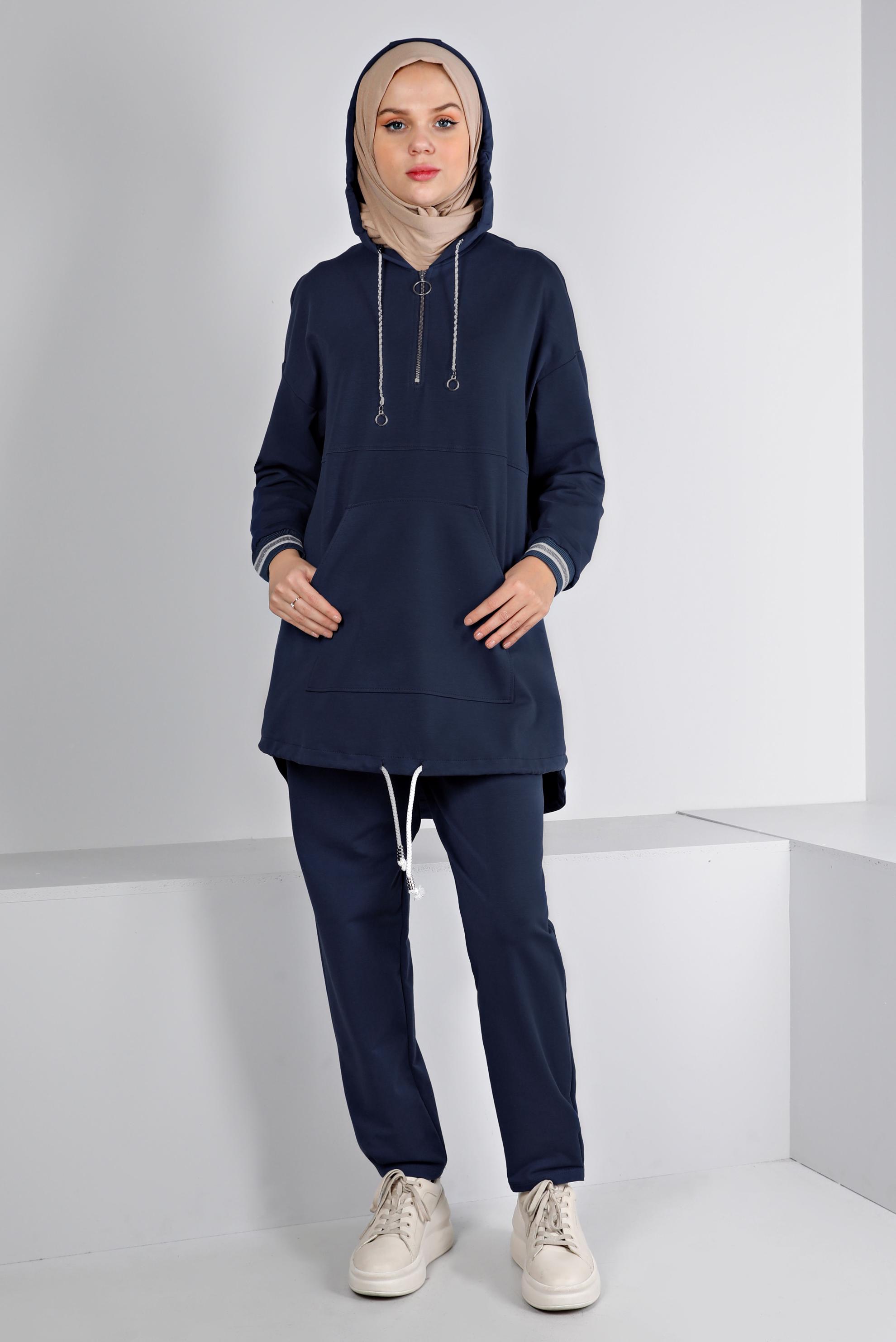 Hijab clothing NAVY BLUE RIBBED HOODED TRACKSUIT SET 43343