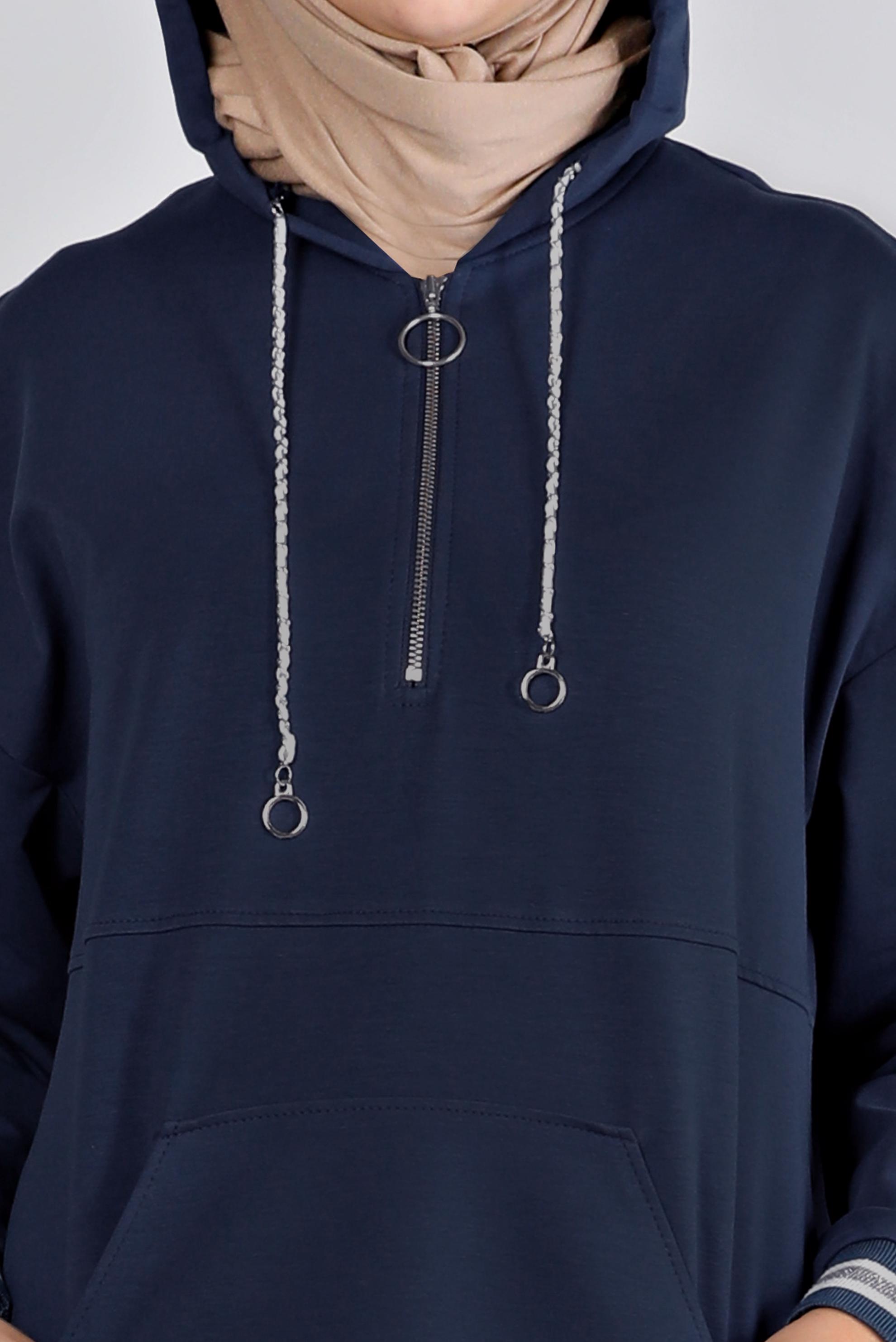 Hijab clothing NAVY BLUE RIBBED HOODED TRACKSUIT SET 43343