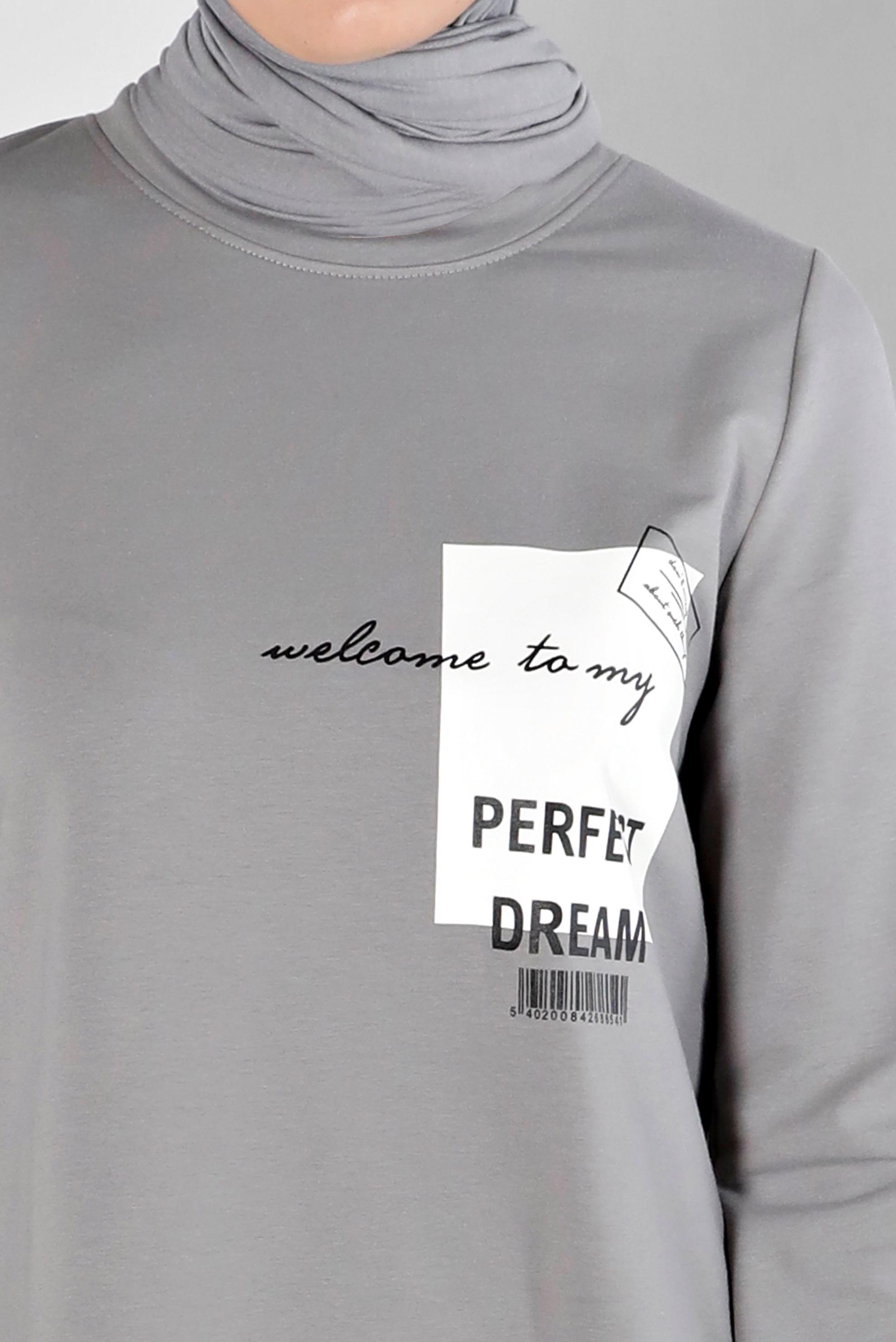 Tesettür giyim GRİ BASKI DETAYLI YAZILI EŞOFMAN TUNİK 43344