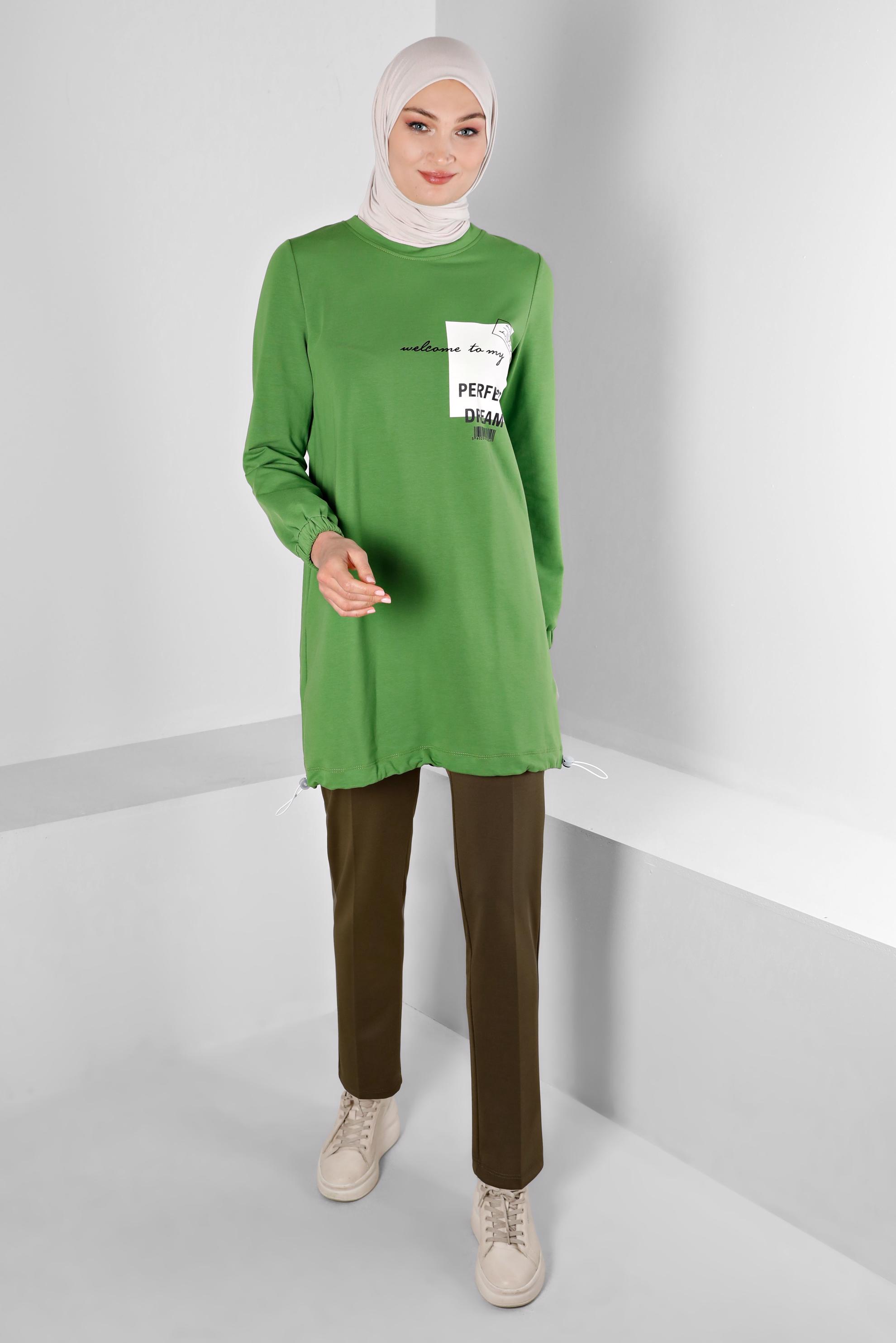 Vêtements hijab VERT TUNIQUE DE SURVÊTEMENT IMPRIMÉ SLOGAN 43344