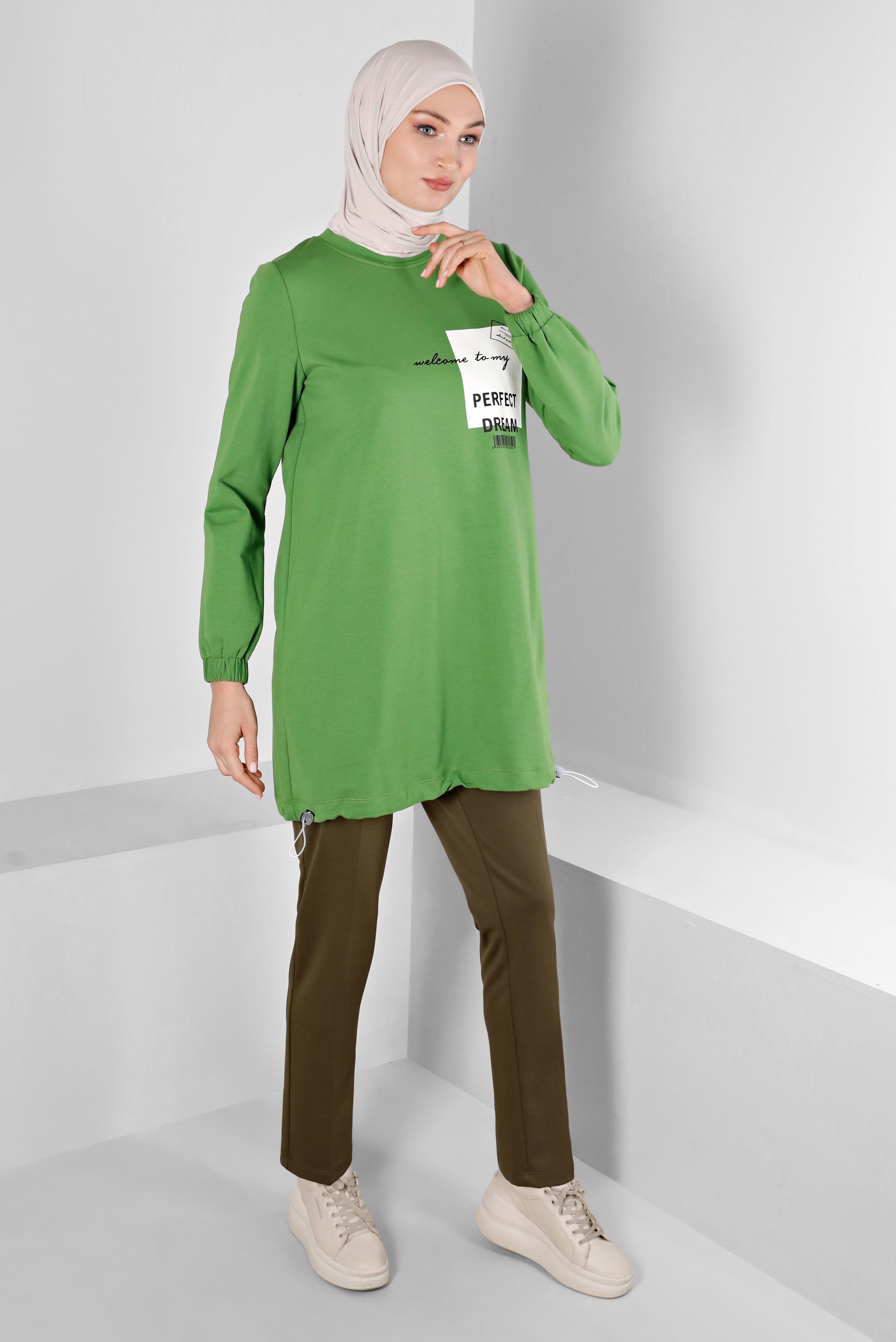 Vêtements hijab VERT TUNIQUE DE SURVÊTEMENT IMPRIMÉ SLOGAN 43344