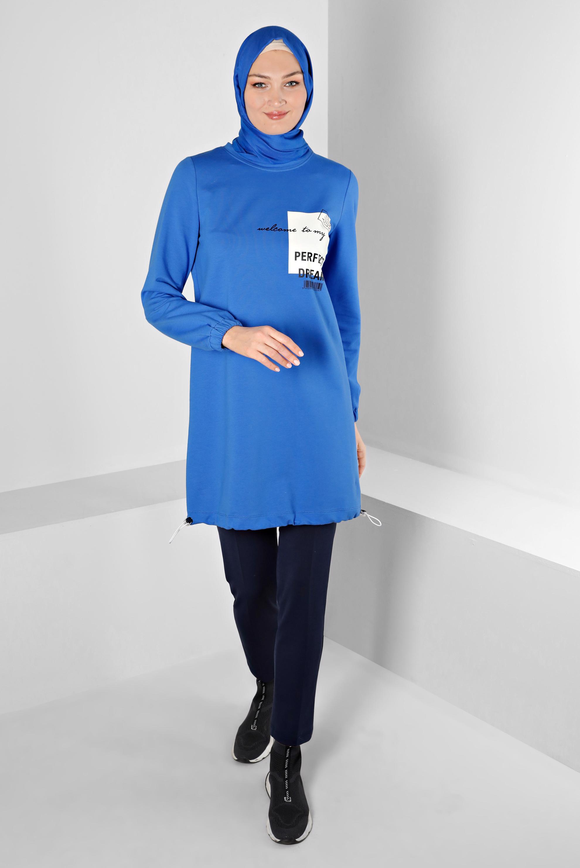 Vêtements hijab BLEU TUNIQUE DE SURVÊTEMENT IMPRIMÉ SLOGAN 43344