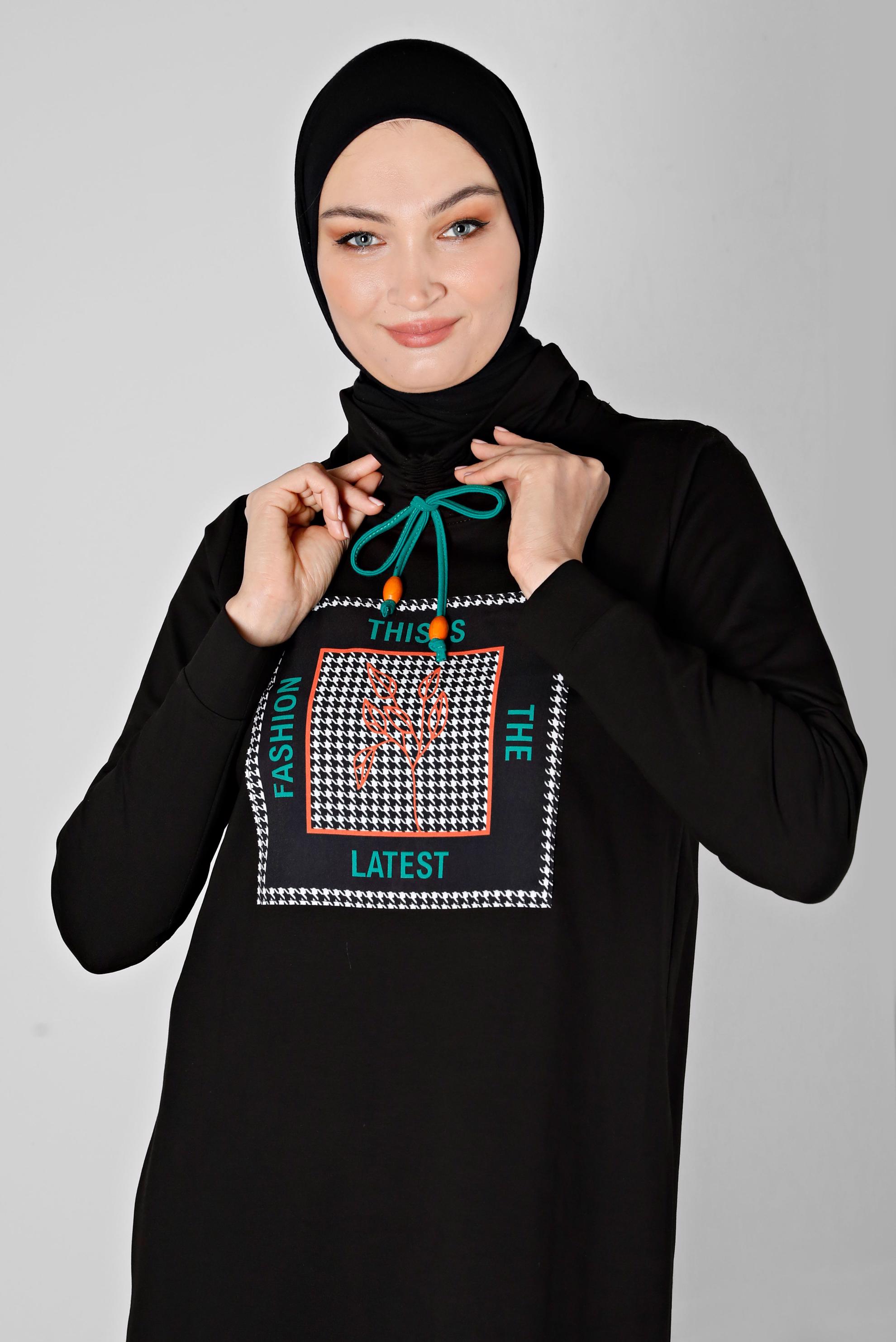 Tesettür giyim SİYAH YAZI BASKILI BAĞCIK DETAYLI İKİLİ PANT. EŞOFMAN TAKIMI 43347 