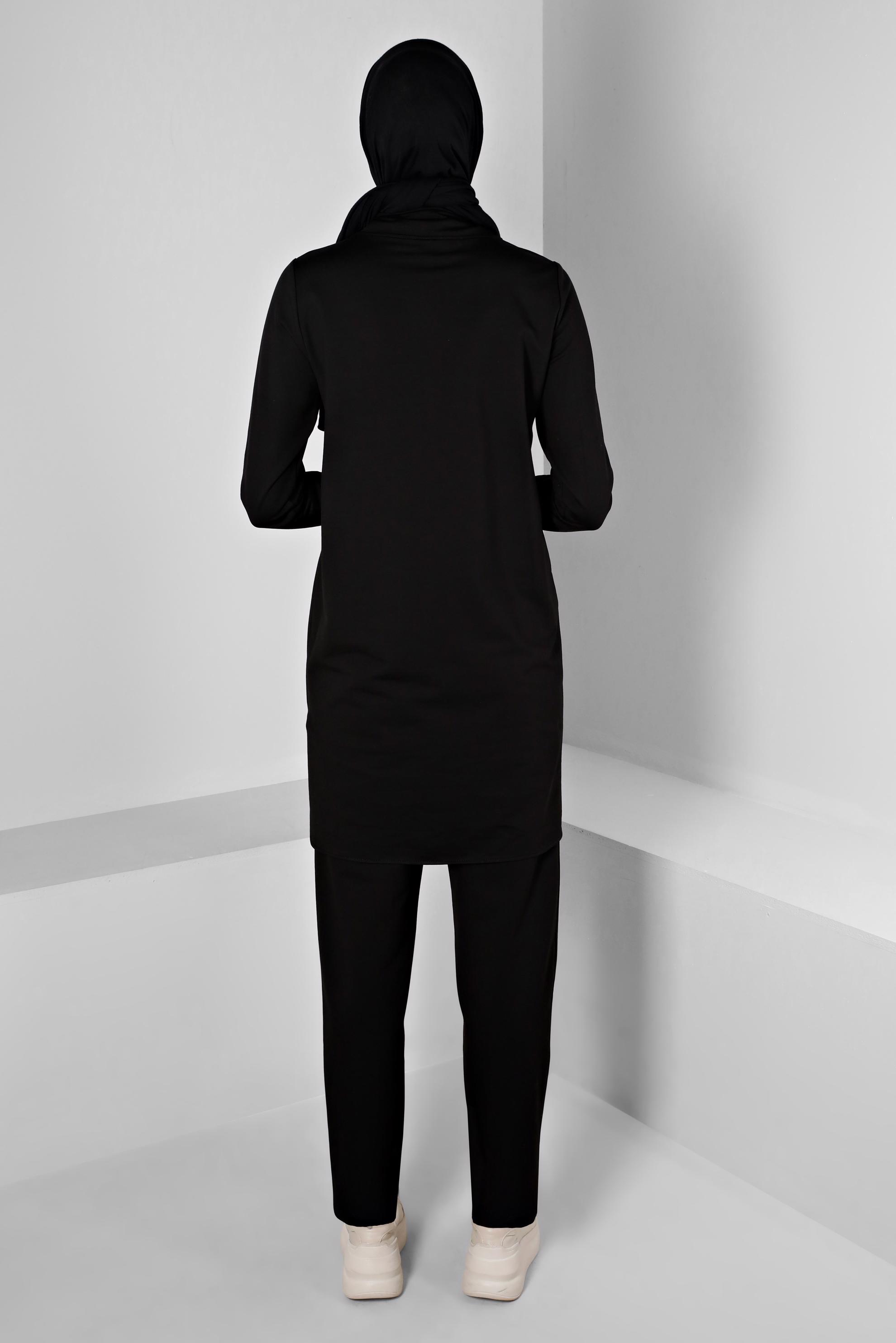 Tesettür giyim SİYAH YAZI BASKILI BAĞCIK DETAYLI İKİLİ PANT. EŞOFMAN TAKIMI 43347 