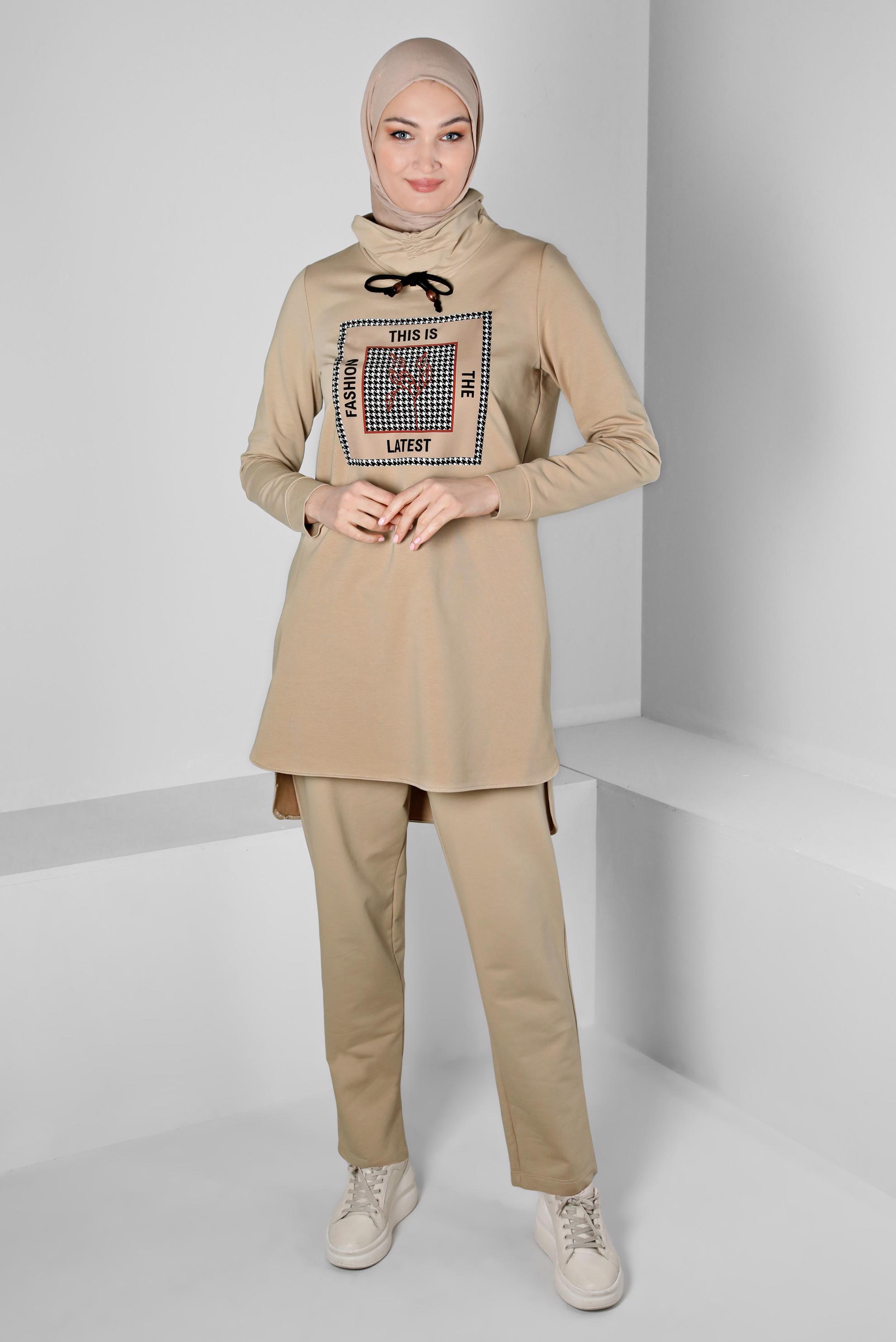 Hijab clothing BEIGE SLOGAN PRINTED 2-PIECE TRACKSUIT SET WITH PANTS 43347