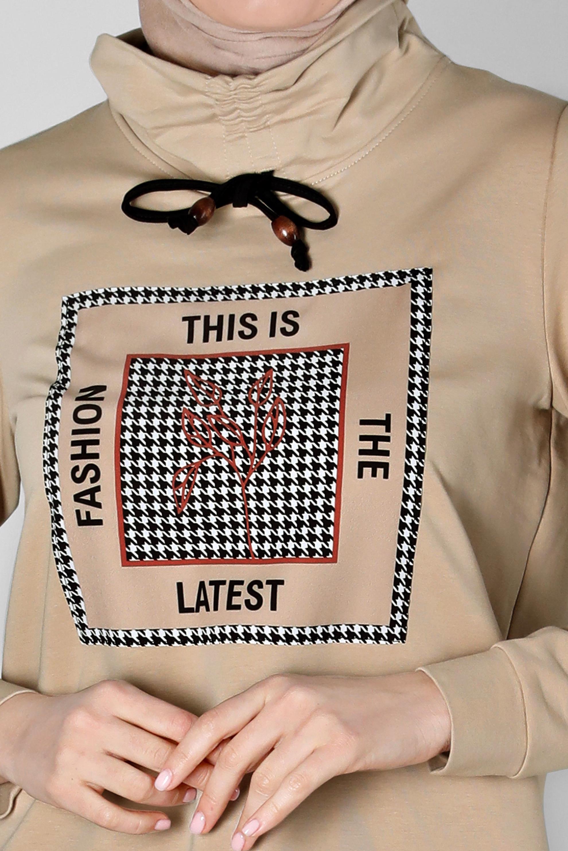 Hijab clothing BEIGE SLOGAN PRINTED 2-PIECE TRACKSUIT SET WITH PANTS 43347