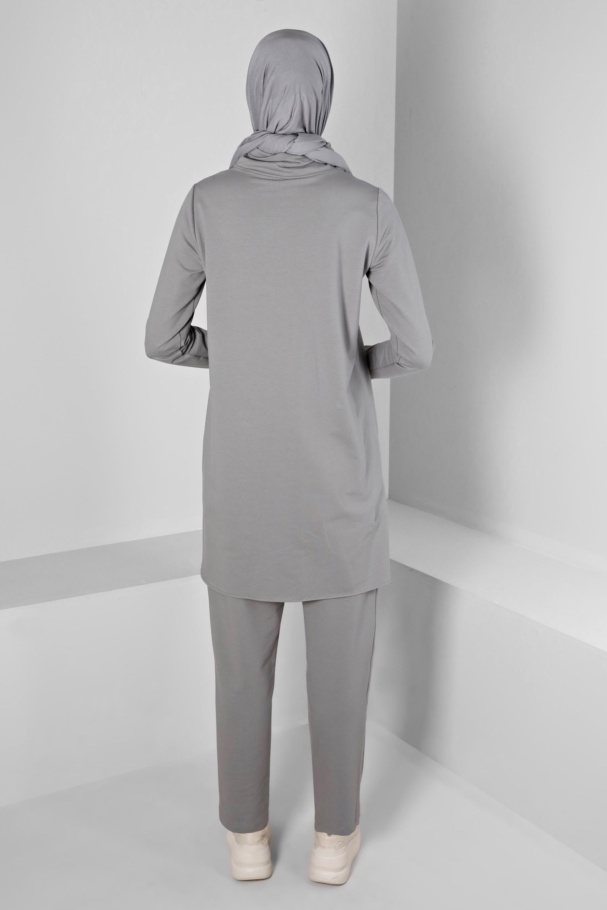 Tesettür giyim GRİ YAZI BASKILI BAĞCIK DETAYLI İKİLİ PANT. EŞOFMAN TAKIMI 43347 