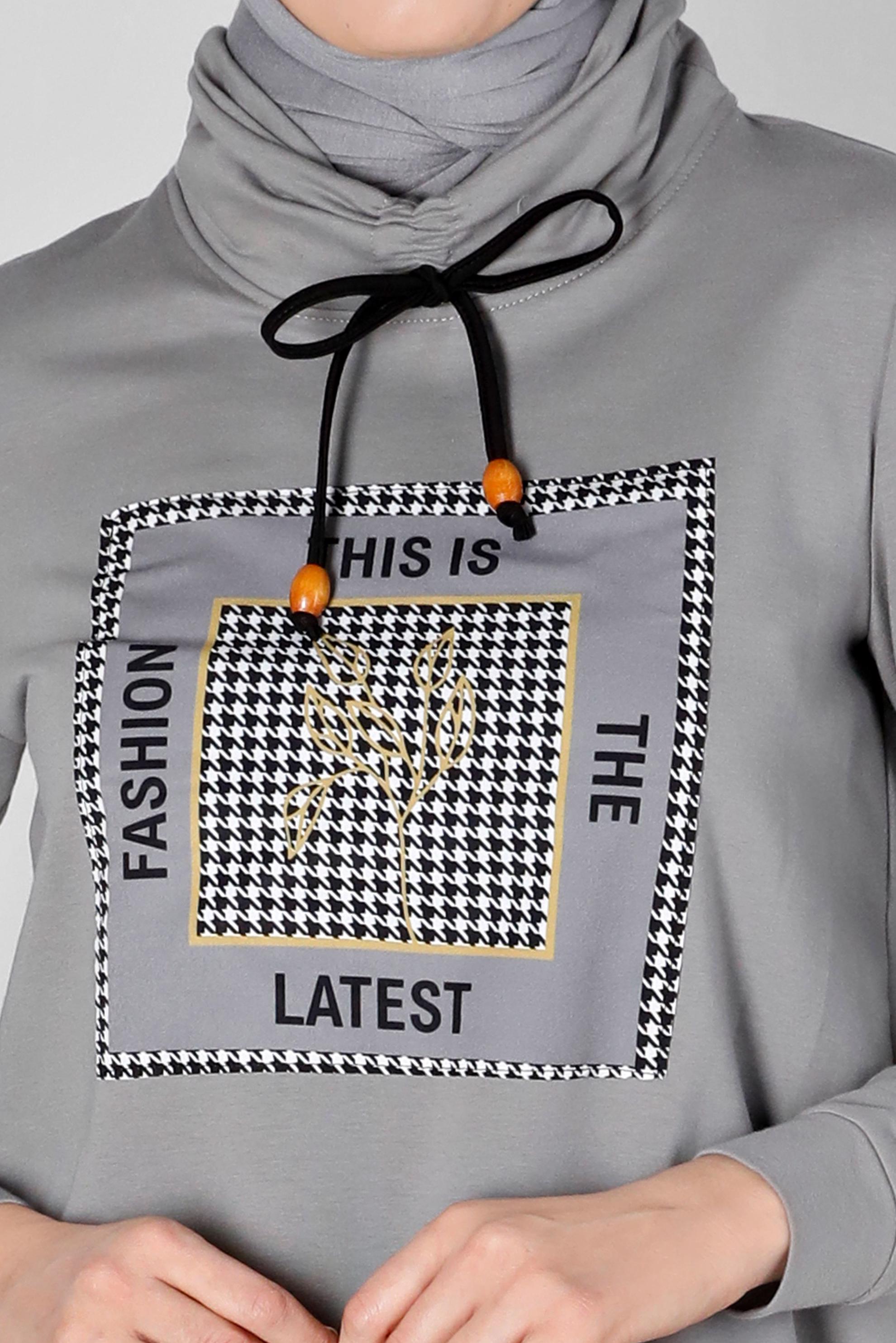 Tesettür giyim GRİ YAZI BASKILI BAĞCIK DETAYLI İKİLİ PANT. EŞOFMAN TAKIMI 43347 