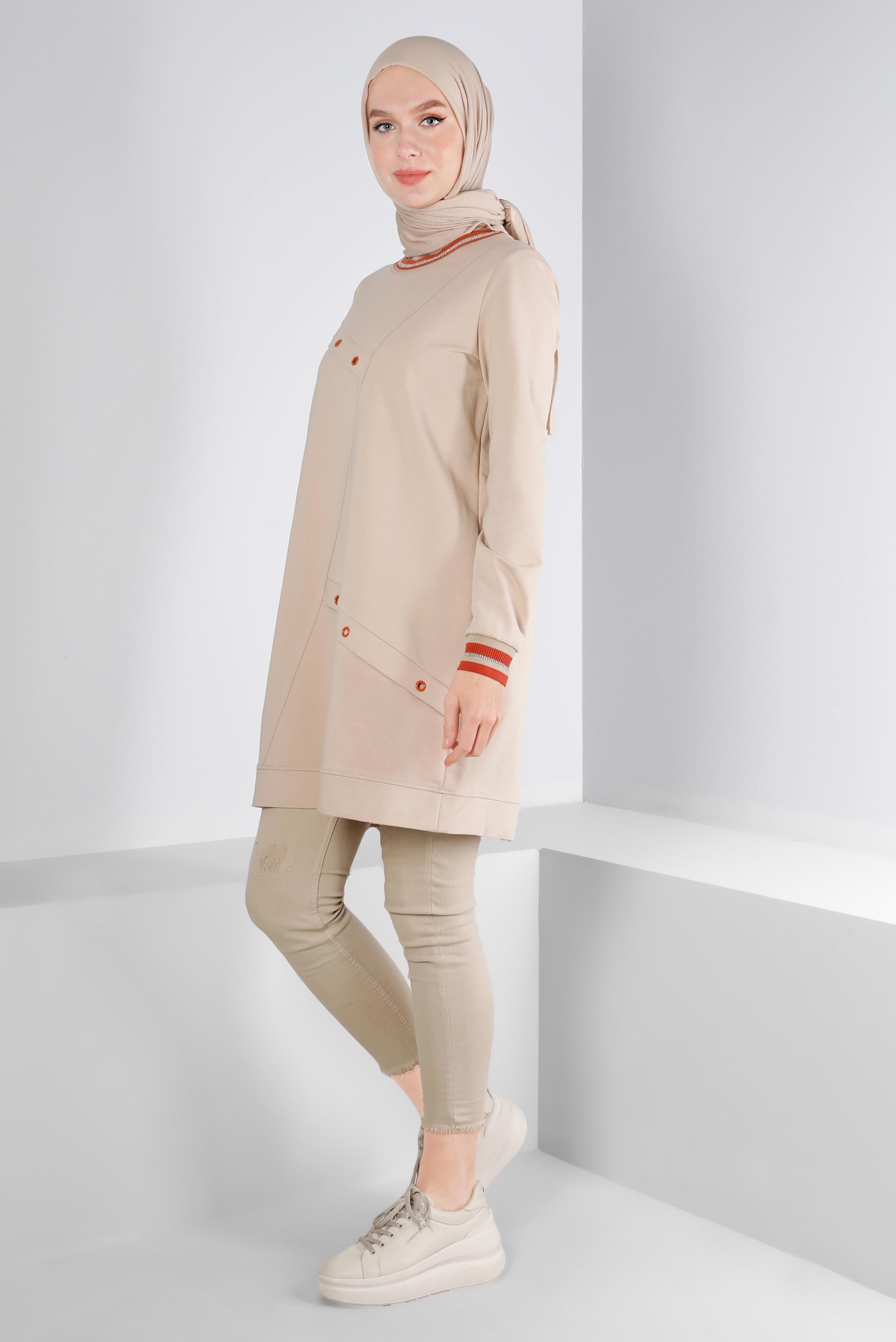 Vêtements hijab BEIGE TUNIQUE DE SURVÊTEMENT AVEC OEILLETS 43349