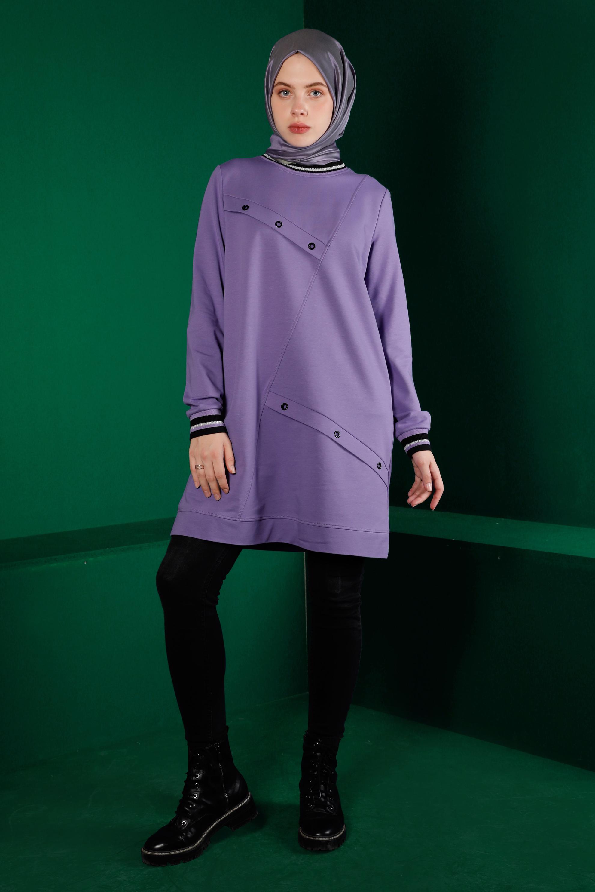 Tesettür giyim MOR KUŞGÖZÜ DETAYLI EŞOFMAN TUNİK 43349