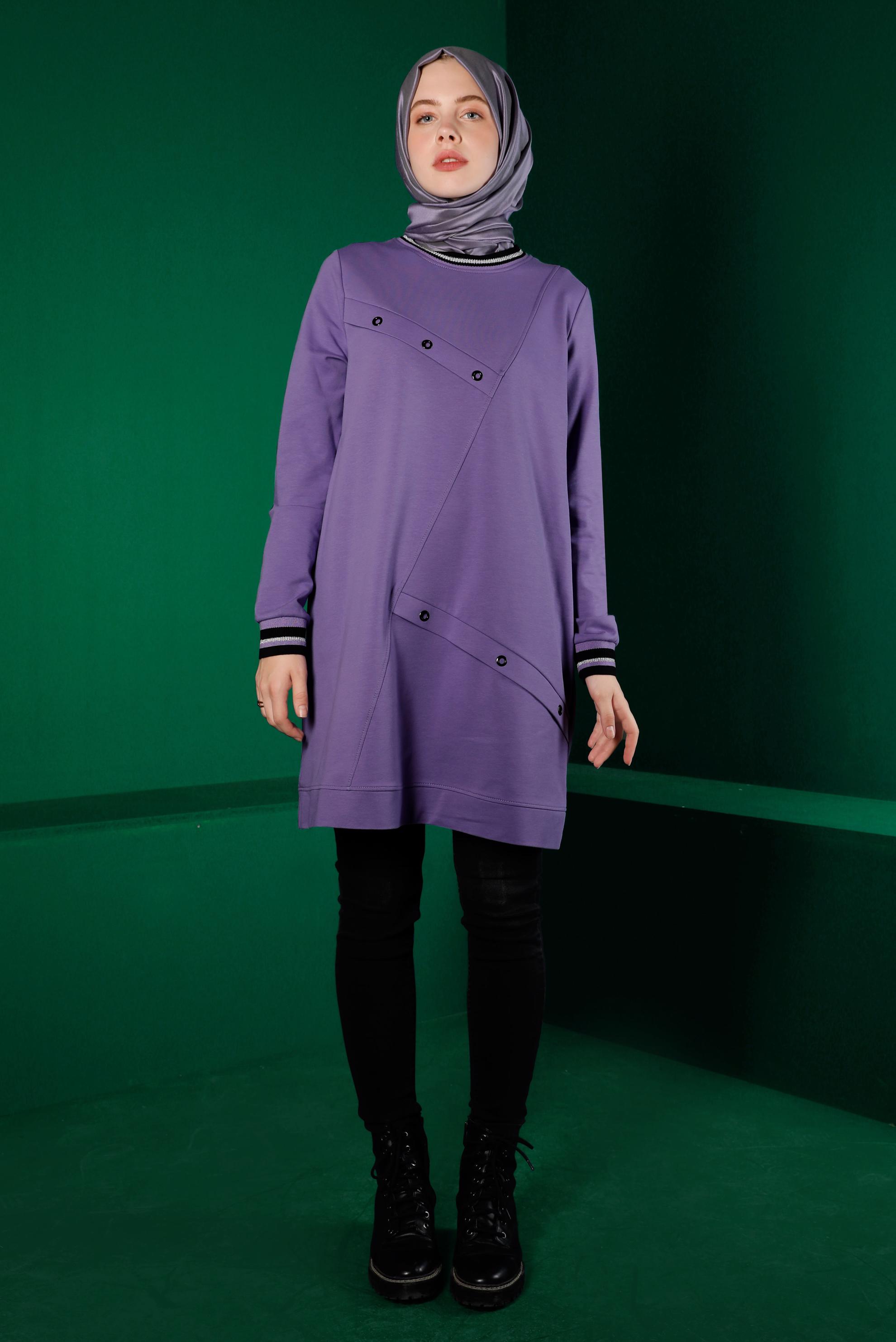 Tesettür giyim MOR KUŞGÖZÜ DETAYLI EŞOFMAN TUNİK 43349