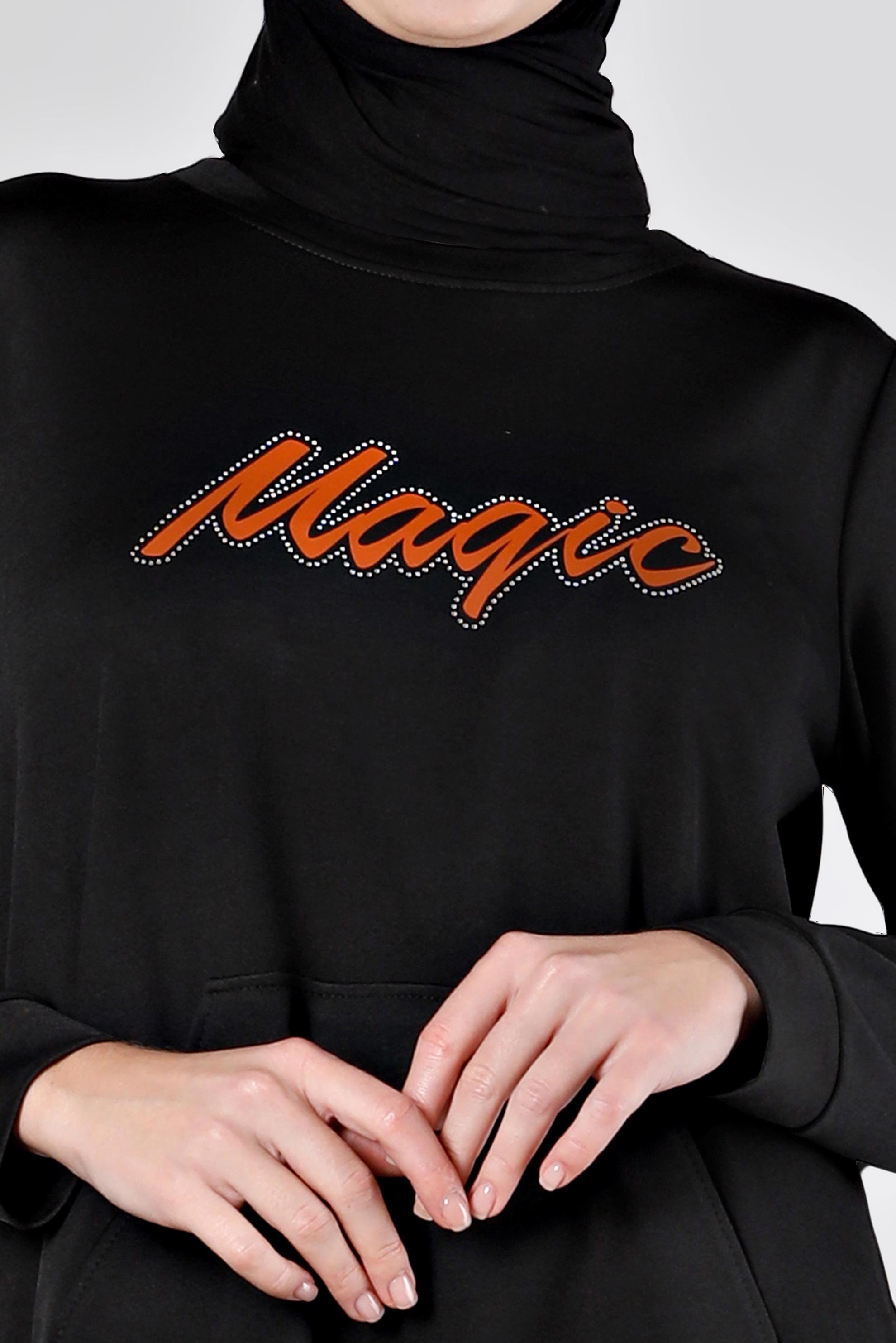 Tesettür giyim SİYAH BASKILI ETEK UCU BÜZGÜLÜ EŞOFMAN TUNİK 43350 