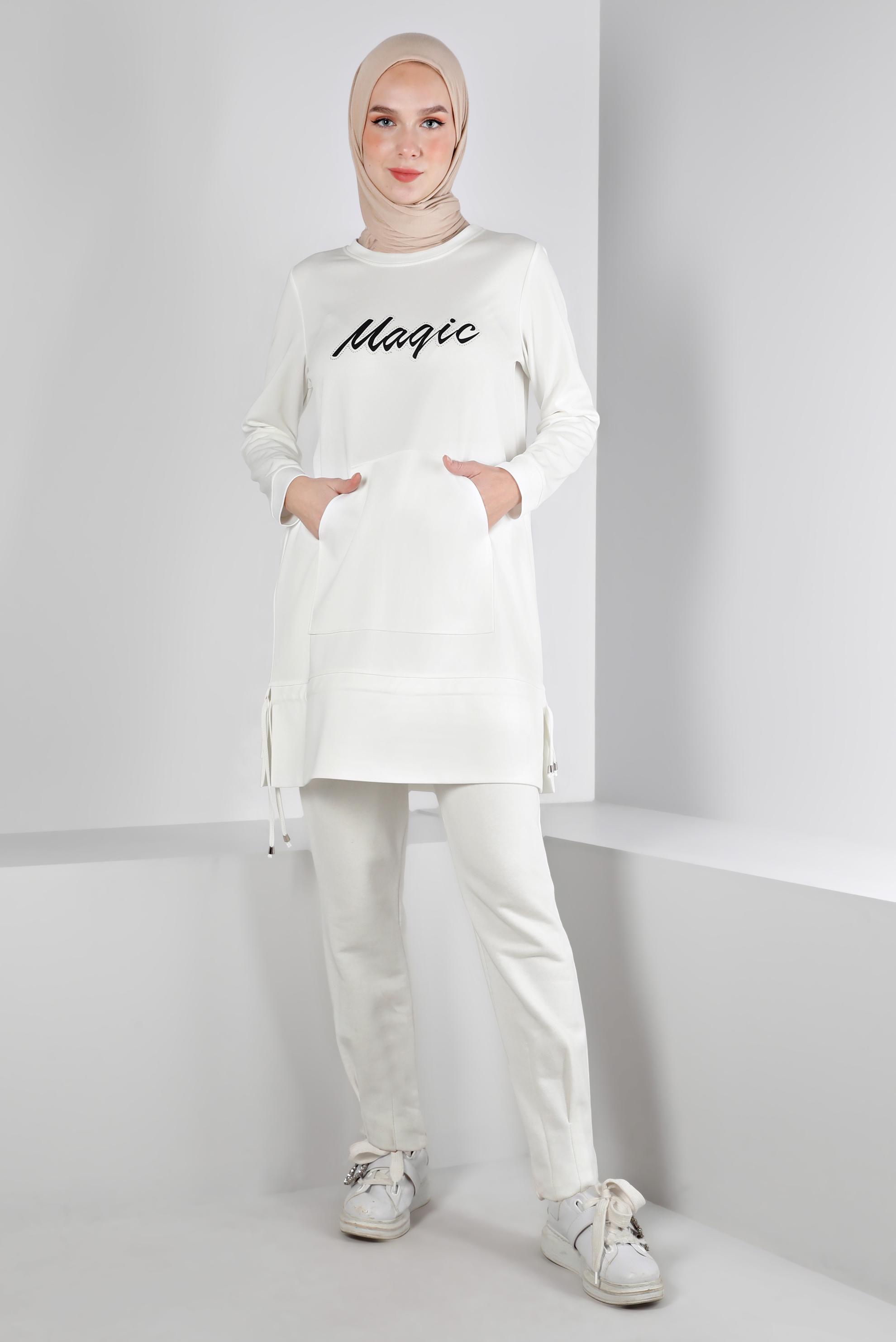 Tesettür giyim BEYAZ BASKILI ETEK UCU BÜZGÜLÜ EŞOFMAN TUNİK 43350 