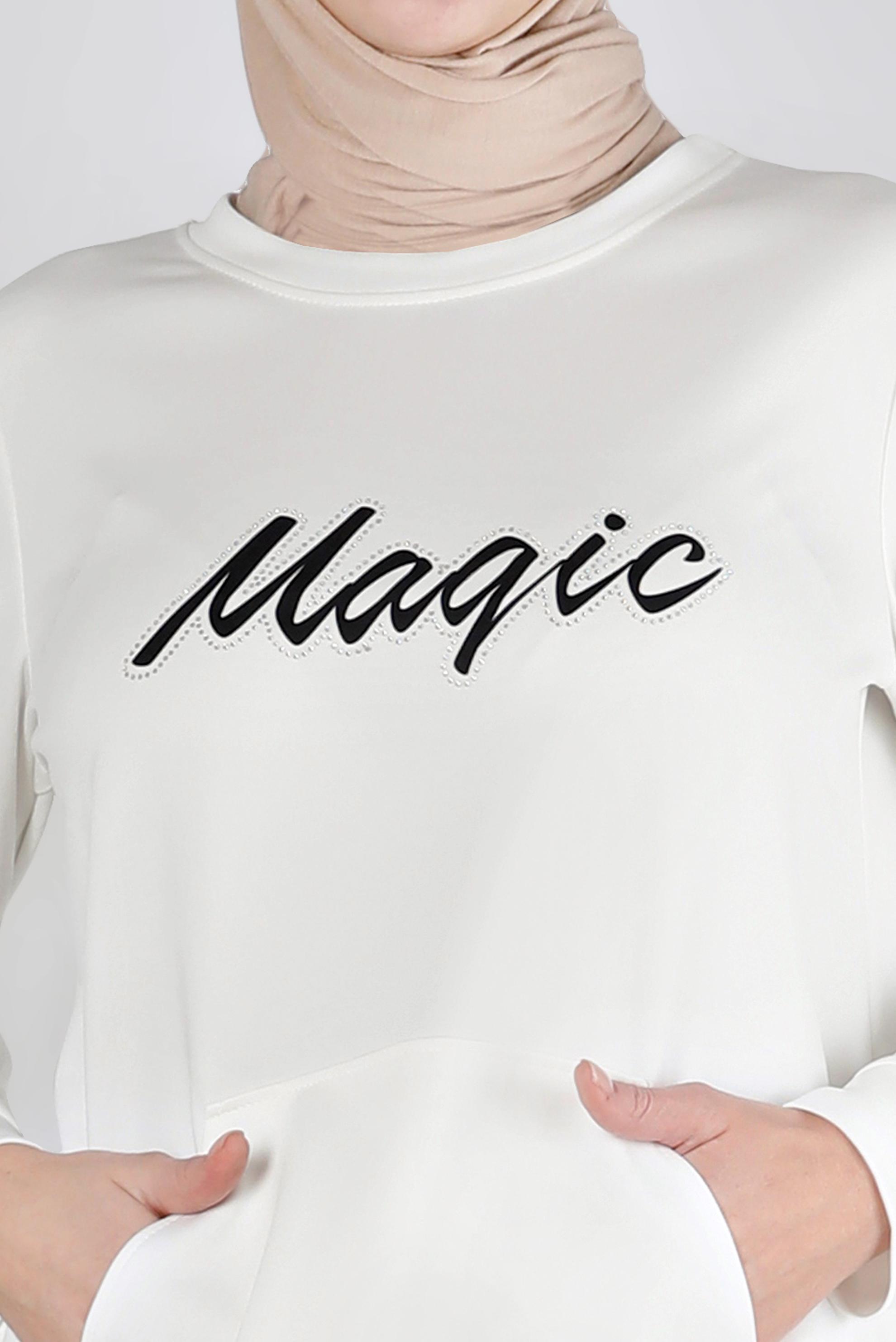 Tesettür giyim BEYAZ BASKILI ETEK UCU BÜZGÜLÜ EŞOFMAN TUNİK 43350 