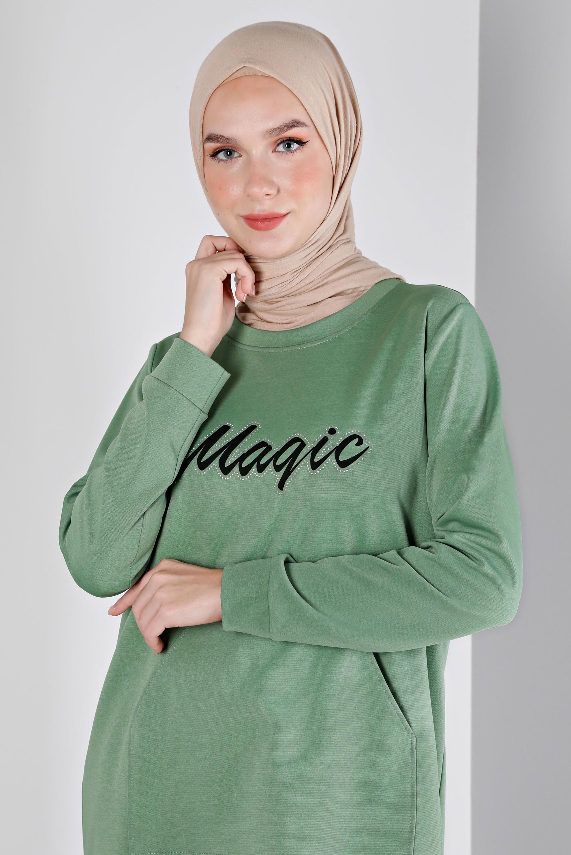 Tesettür giyim YEŞİL BASKILI ETEK UCU BÜZGÜLÜ EŞOFMAN TUNİK 43350 