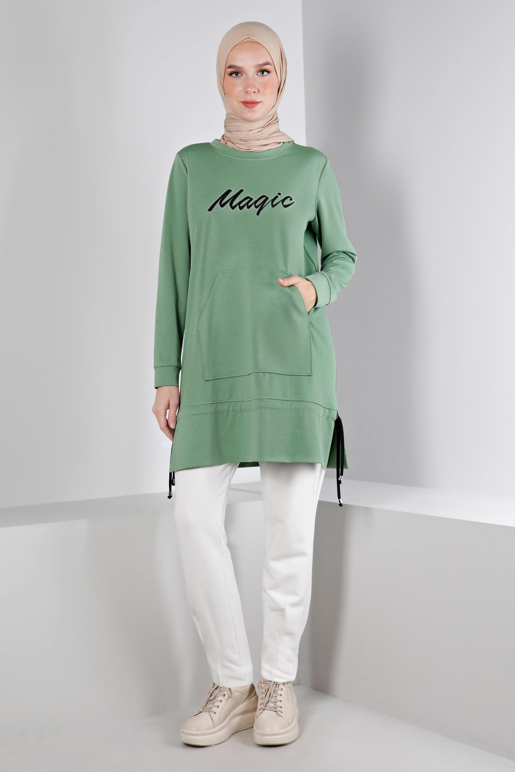 Tesettür giyim YEŞİL BASKILI ETEK UCU BÜZGÜLÜ EŞOFMAN TUNİK 43350 