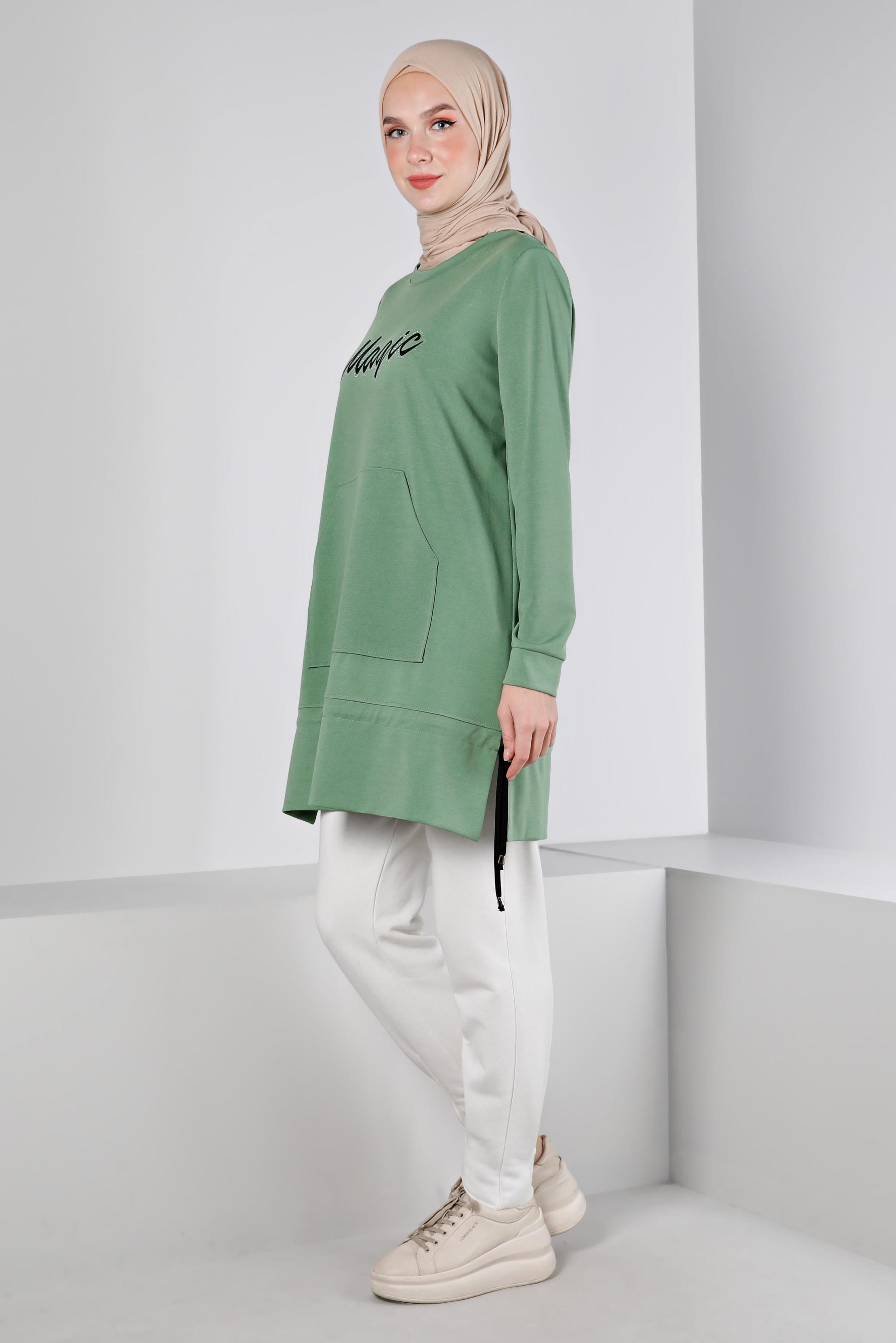 Tesettür giyim YEŞİL BASKILI ETEK UCU BÜZGÜLÜ EŞOFMAN TUNİK 43350 