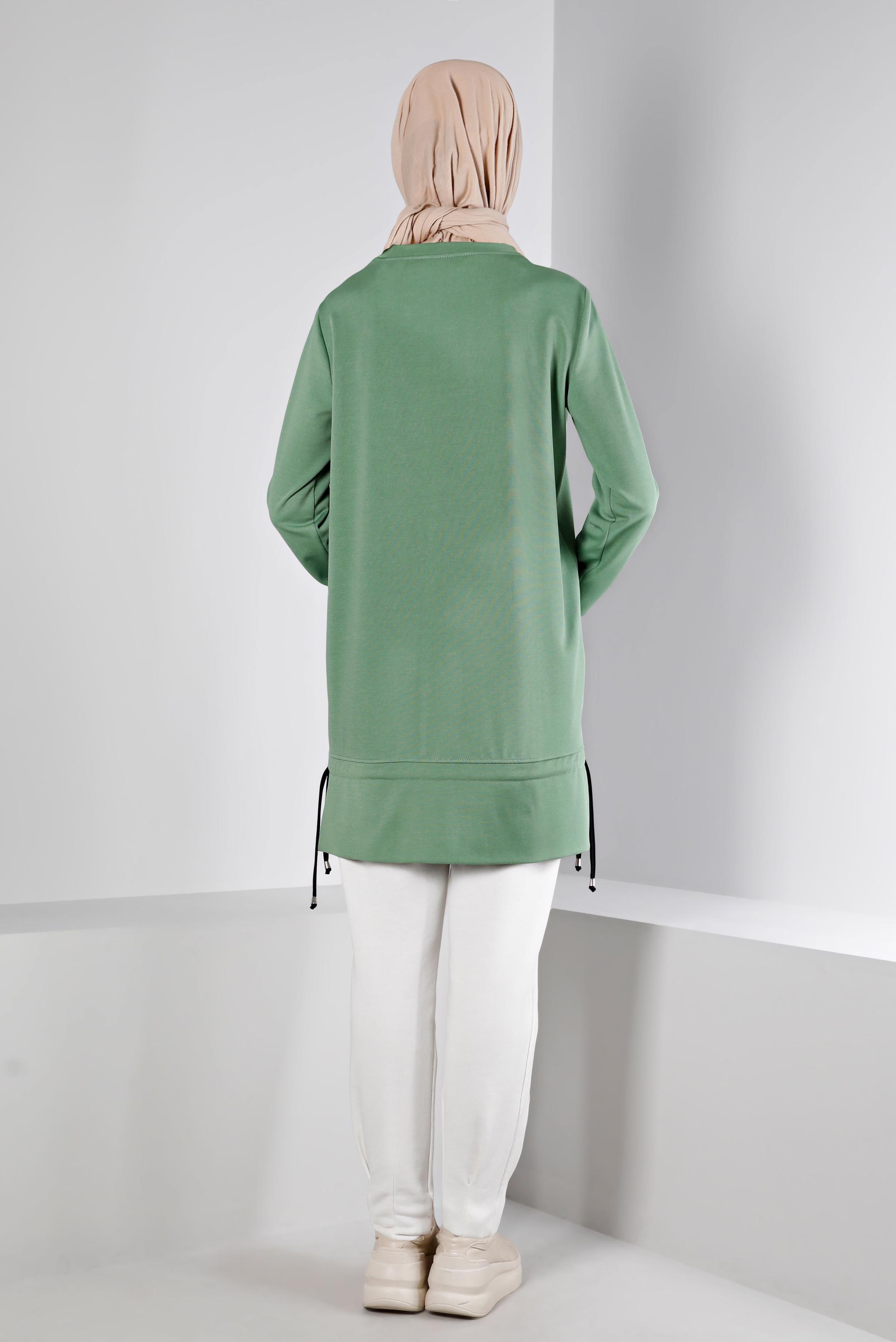 Tesettür giyim YEŞİL BASKILI ETEK UCU BÜZGÜLÜ EŞOFMAN TUNİK 43350 