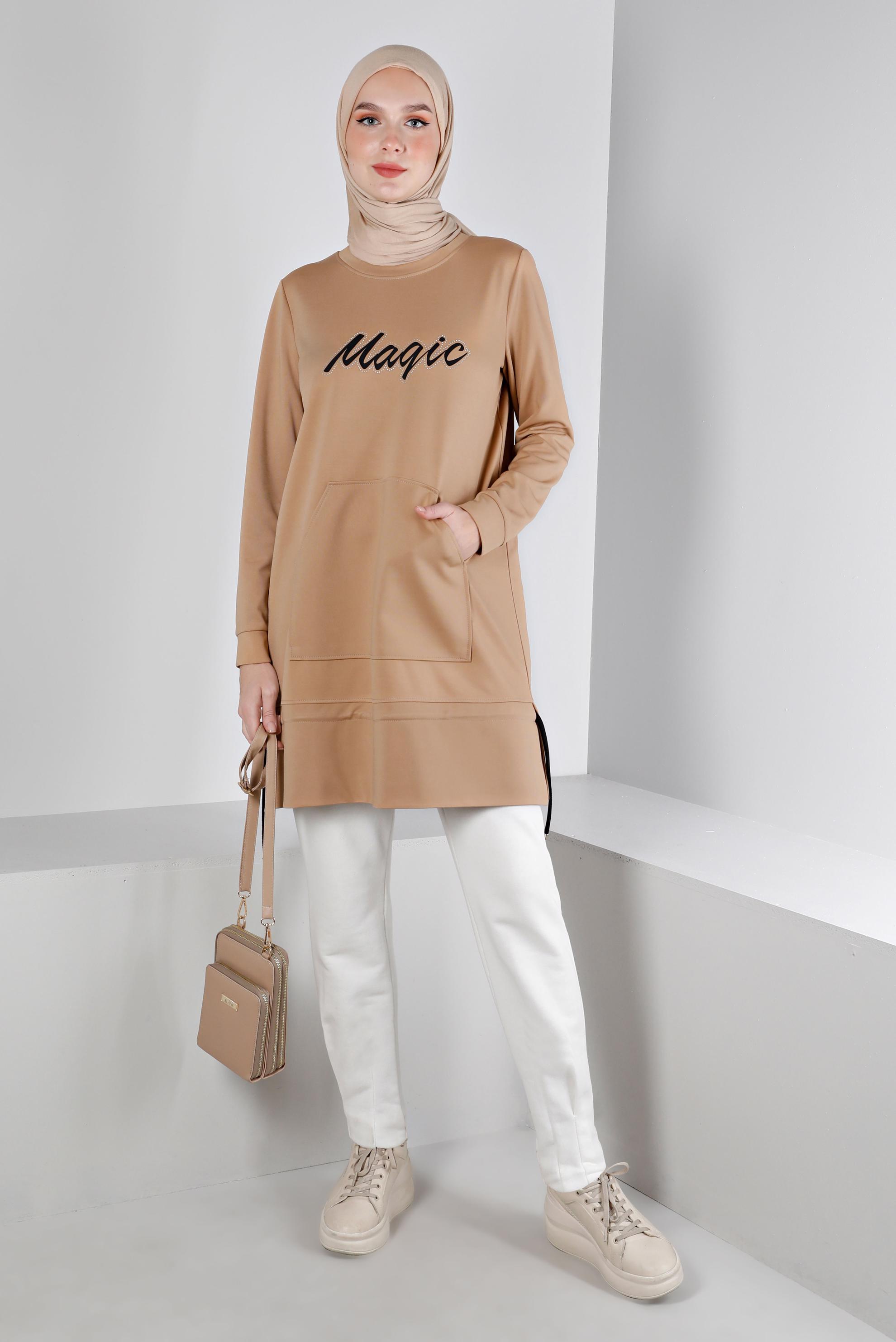 Vêtements hijab BRUN TUNIQUE DE SURVÊTEMENT IMPRIMÉ BAS SMOCKÉ 43350