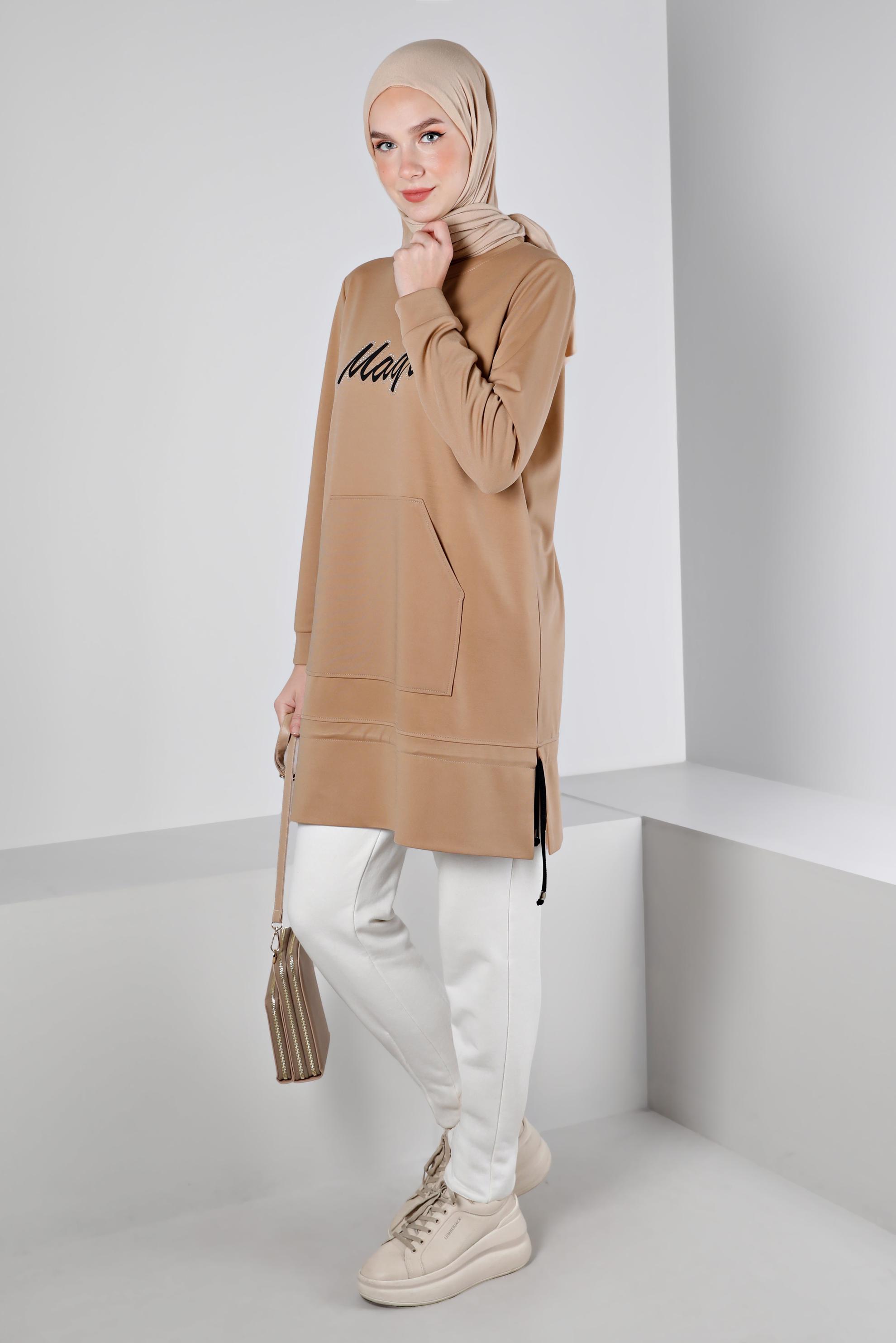 Vêtements hijab BRUN TUNIQUE DE SURVÊTEMENT IMPRIMÉ BAS SMOCKÉ 43350