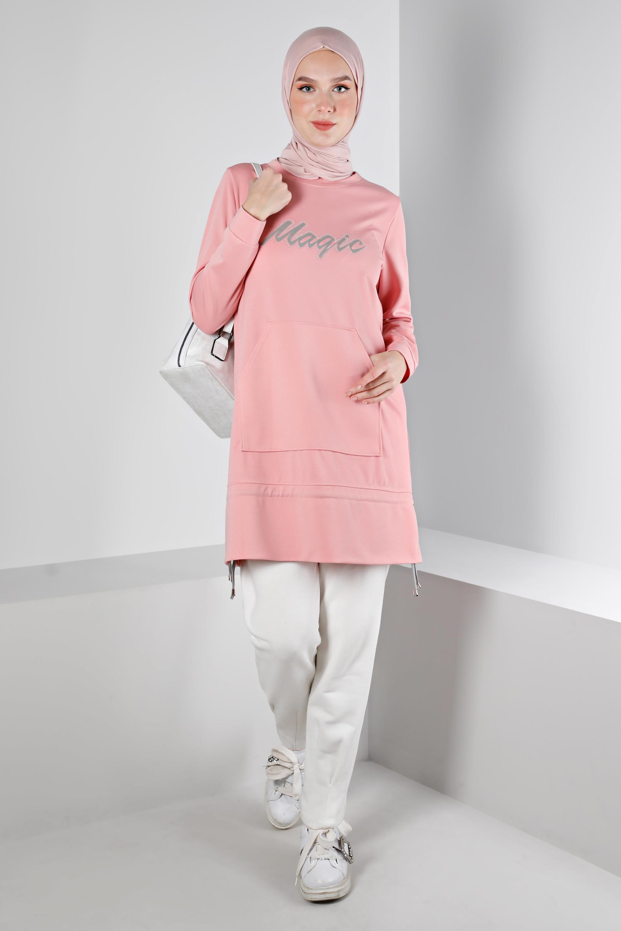 Tesettür giyim PUDRA BASKILI ETEK UCU BÜZGÜLÜ EŞOFMAN TUNİK 43350 